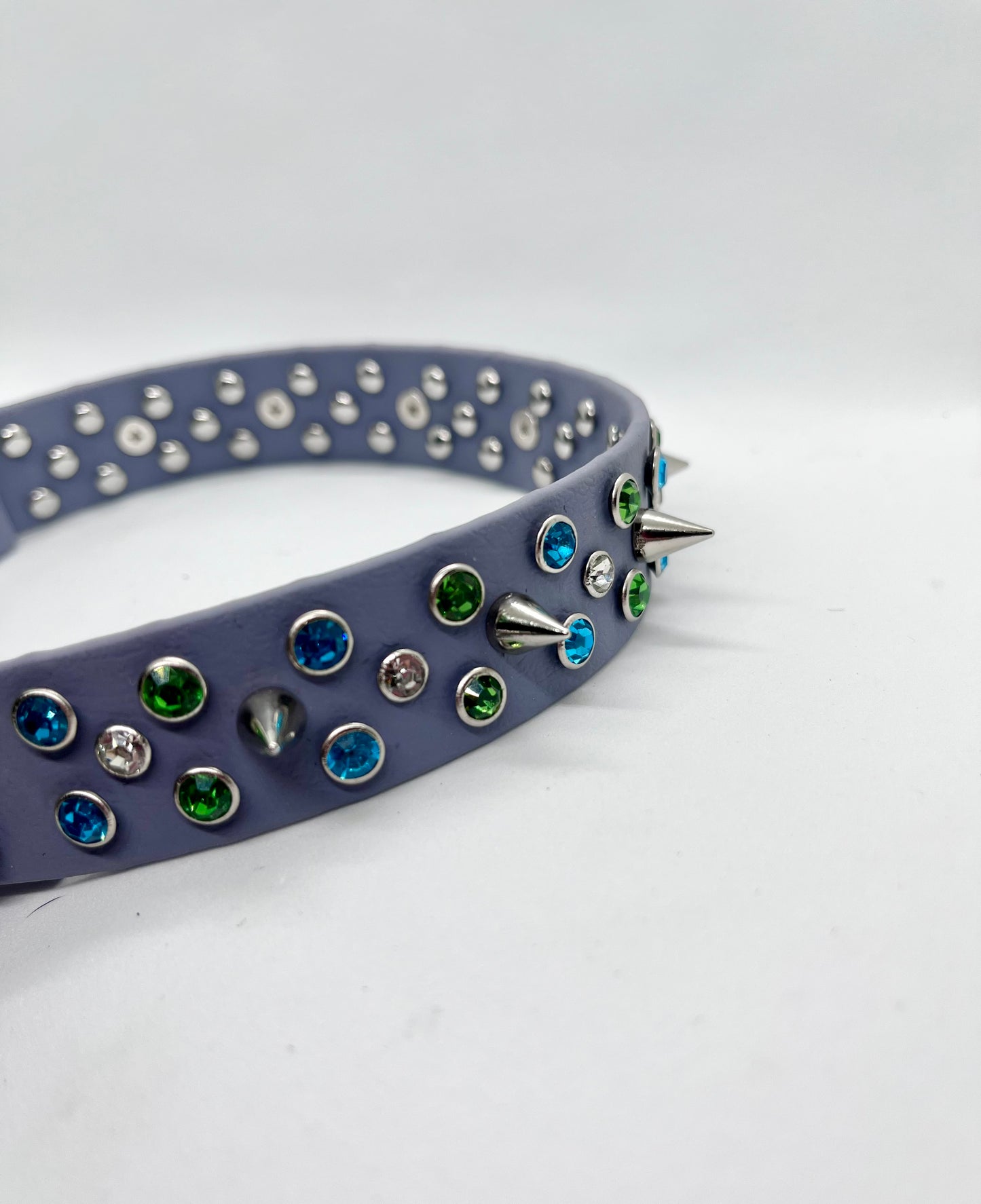 ‘Rhinestone Rebel’ turquoise green & white rhinestone crystal sparkly spiked studded dog D-ring BioThane® collar with stainless steel hardware