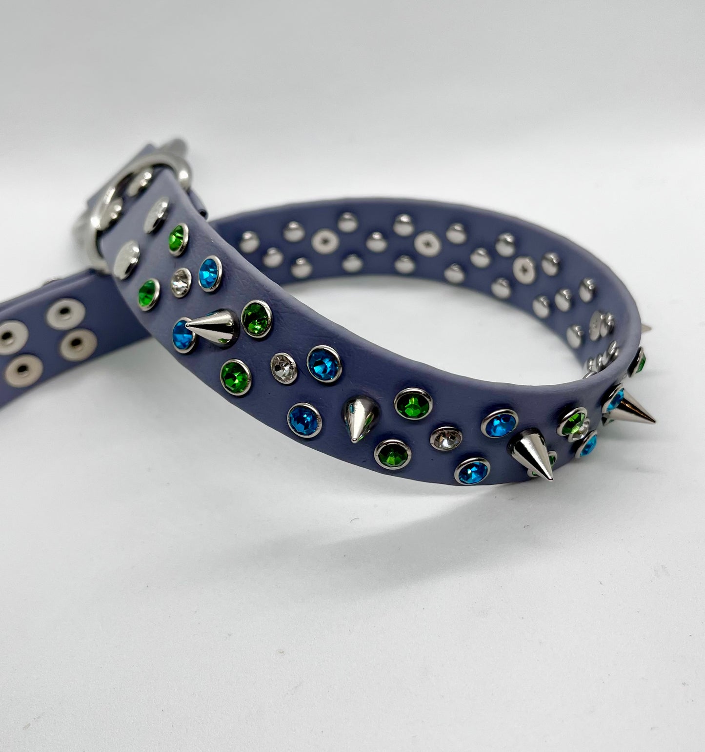 ‘Rhinestone Rebel’ turquoise green & white rhinestone crystal sparkly spiked studded dog D-ring BioThane® collar with stainless steel hardware