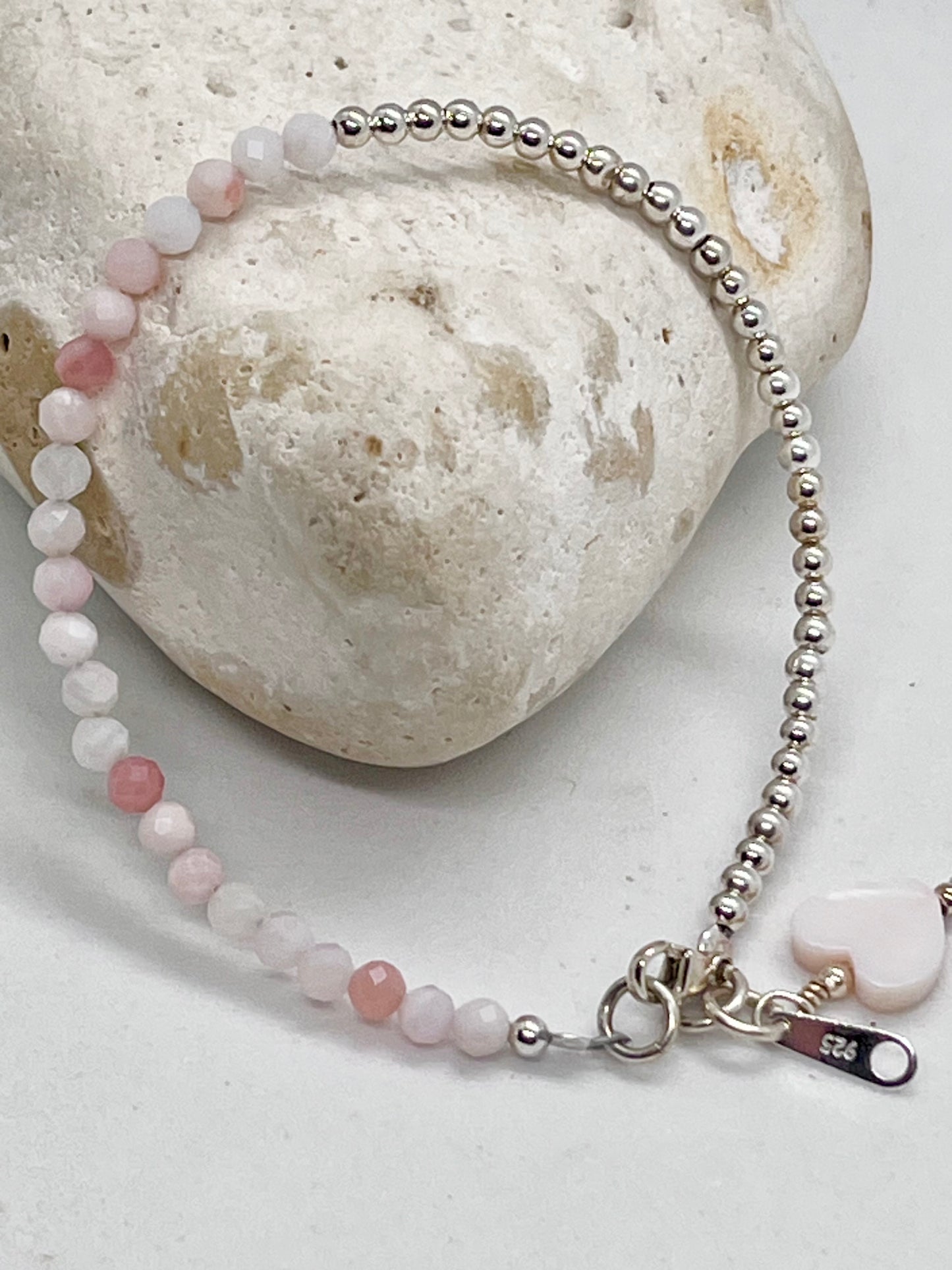 925 sterling silver 'Pink Opal 50-50’ boho style bead bracelet