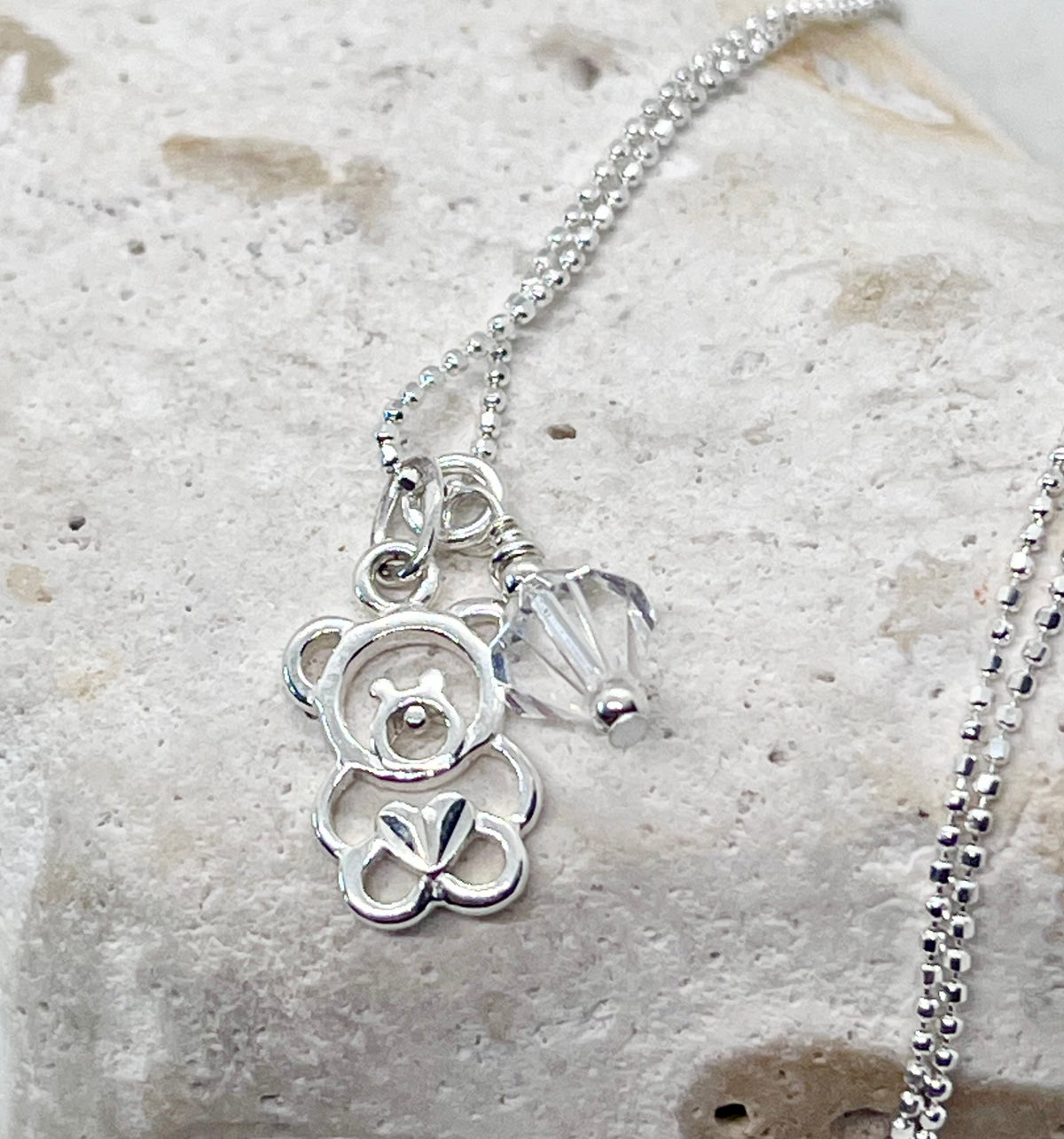 925 'Teddy Birthstone' Charm Necklace - Sterling Silver Diamond Cut Ball Chain & Heart Charm