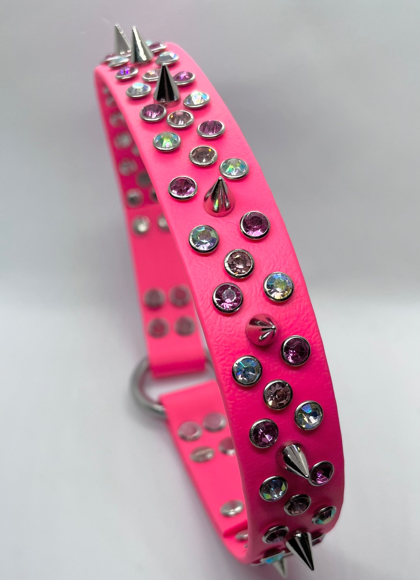 ‘Icon Only’ neon all out rhinestone crystal BioThane® sparkly spiked dog  collar with stainless steel hardware
