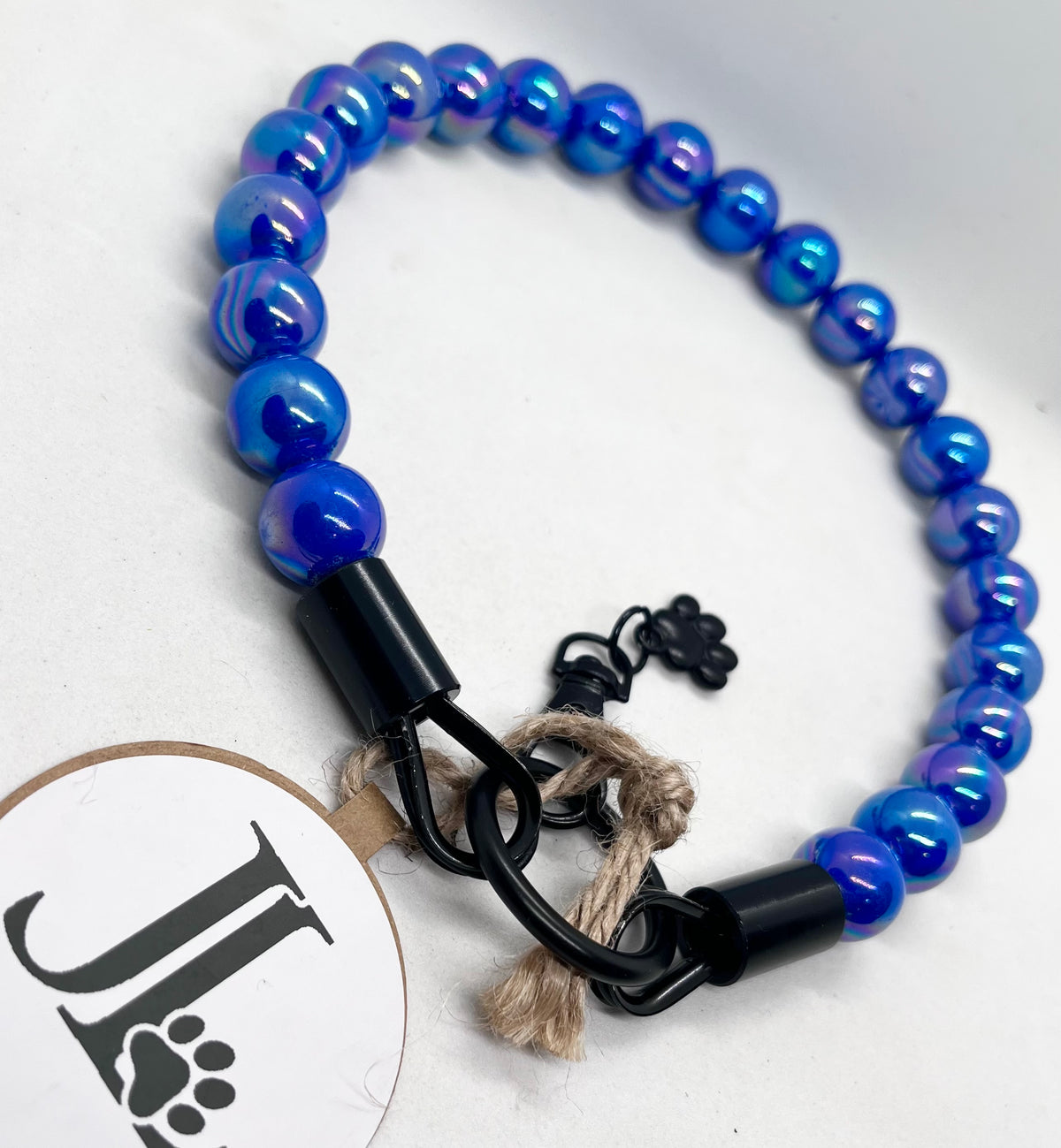 Iridescent Blue 'Top Dog' Beaded Collar with Matte Black Stainless Steel Hardware
