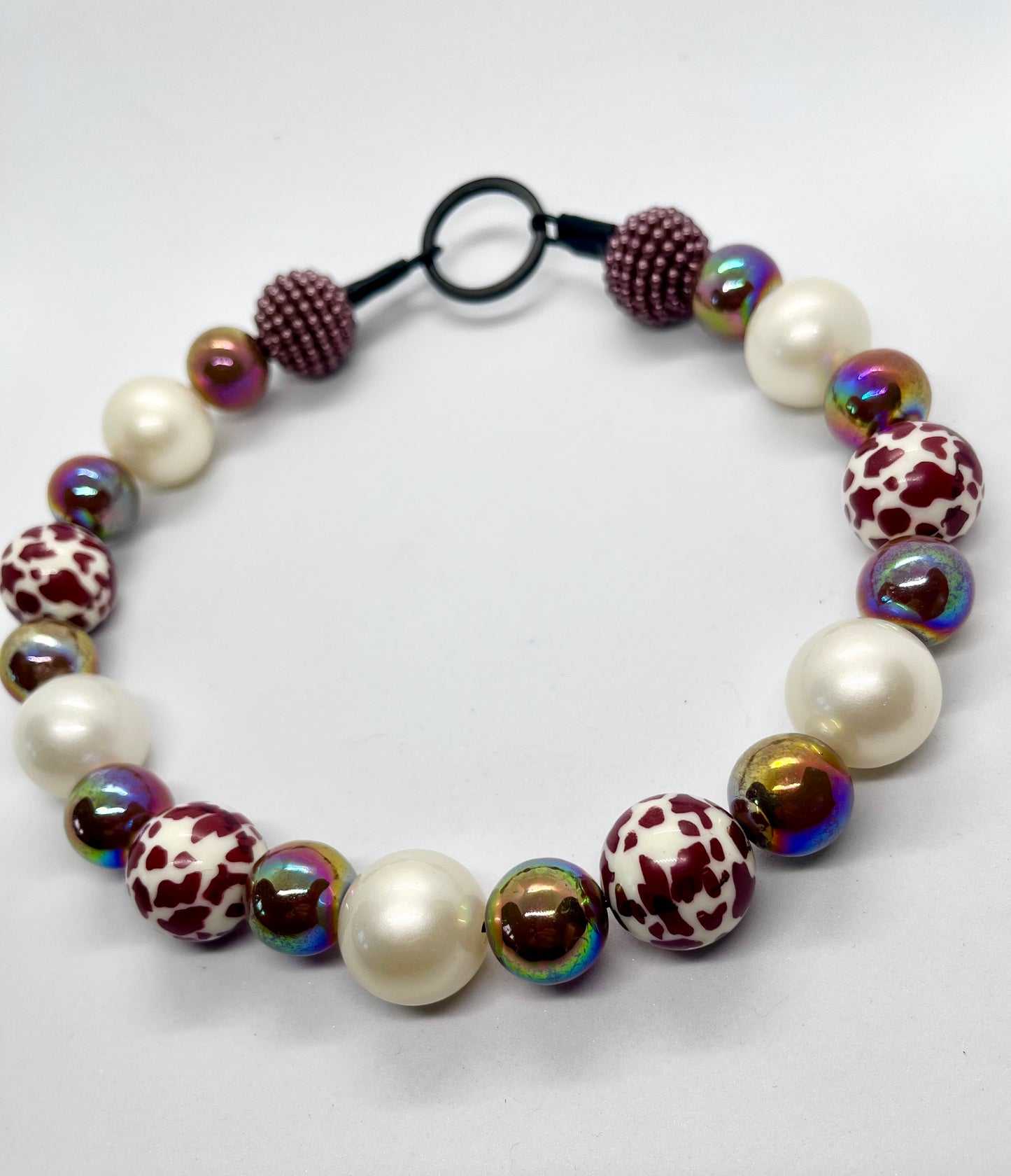 ‘Oh You’ brown animal print & pearl beaded dog collar necklace