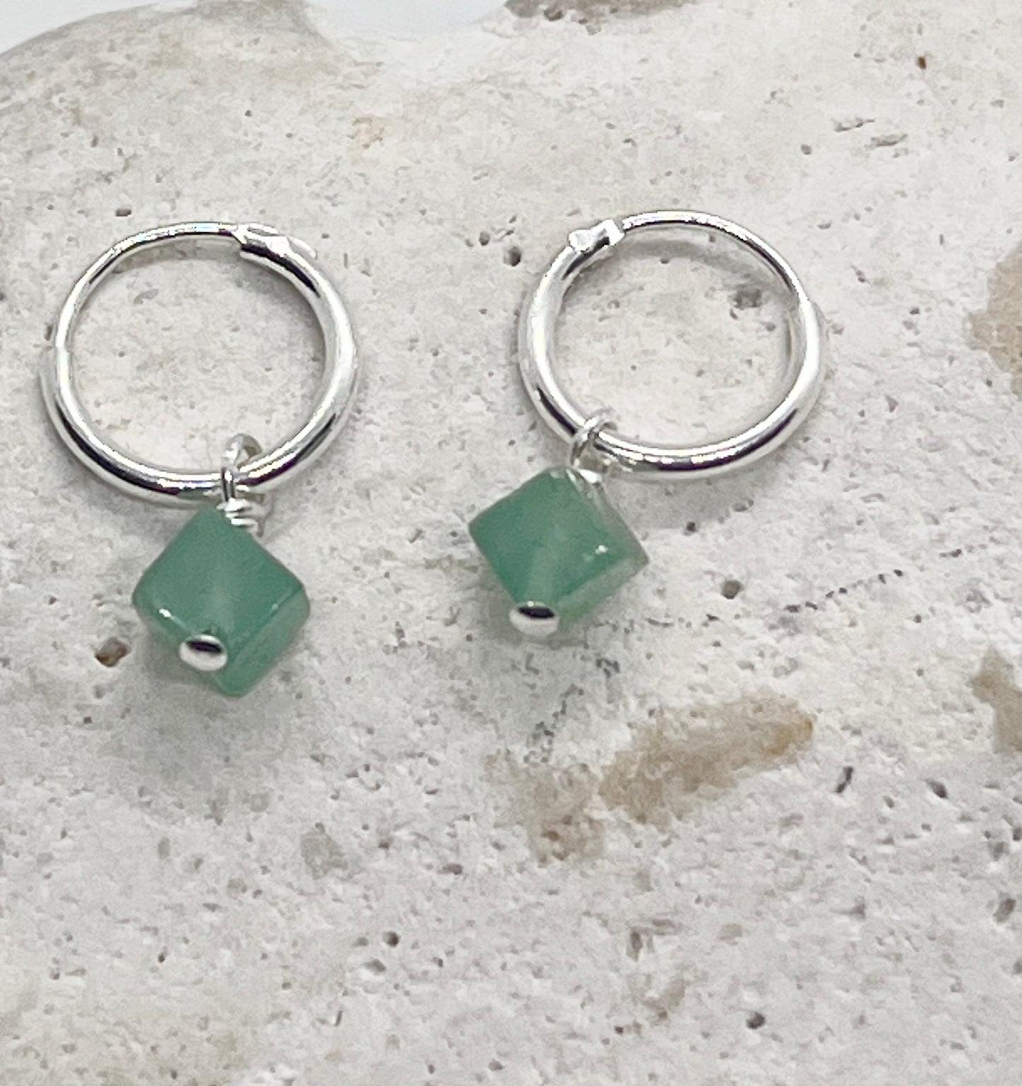 'Aventurine Luxe' 925 Sterling Silver Huggie Hoop Earrings - Green Aventurine Cube Crystal