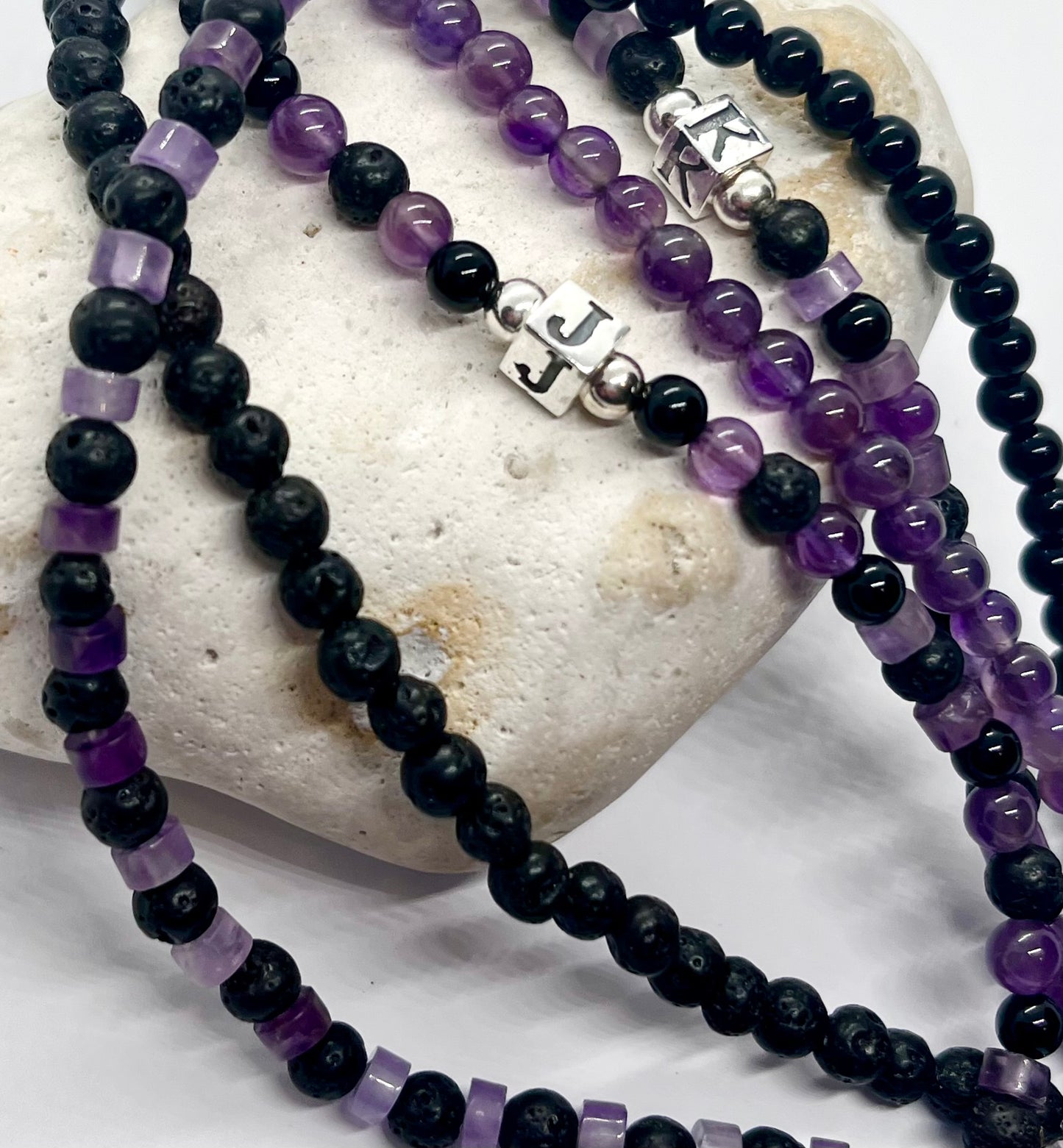'Amethyst Cube Charm’ unisex genuine Amethyst, Black Onyx, Lava bead & 925 sterling silver personalised cube letter bracelet