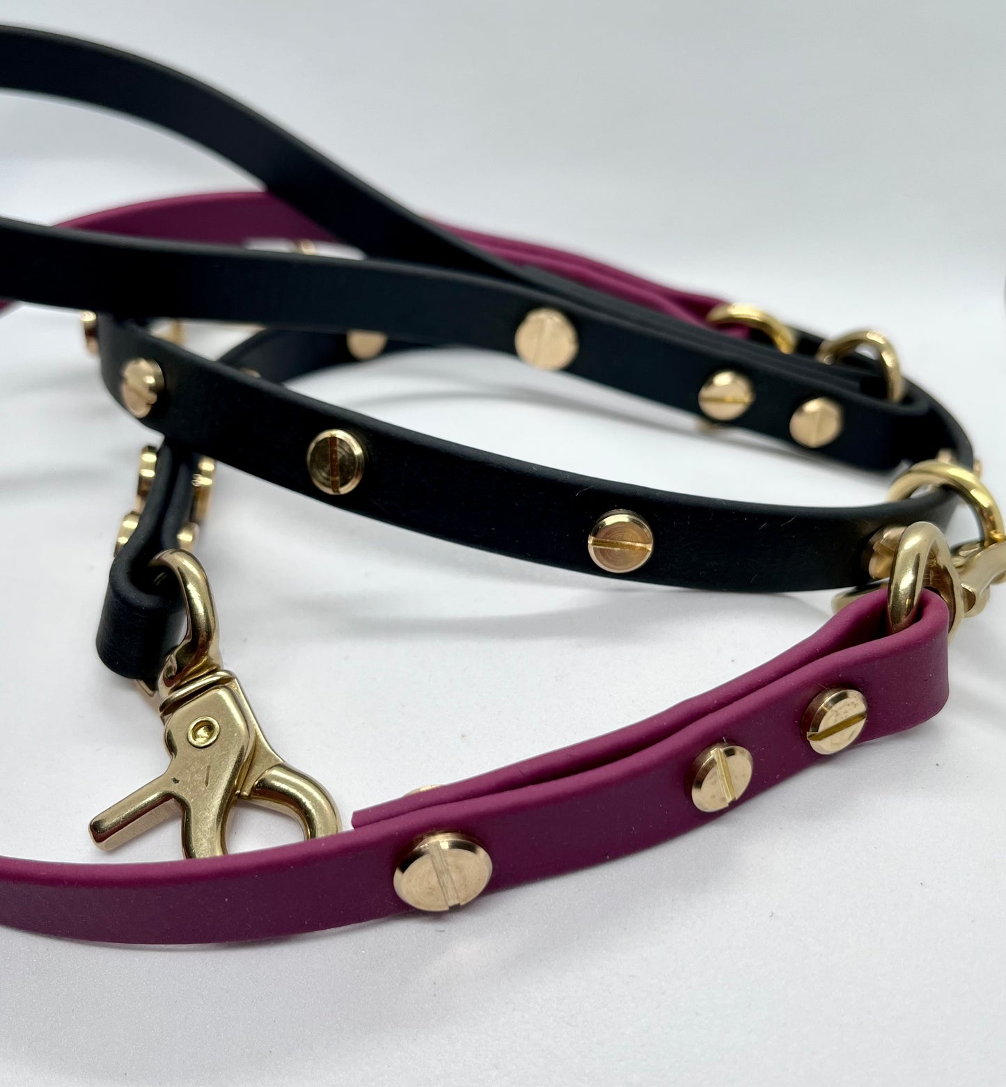 ‘Coffee Bean’ WINE RED BioThane® 13mm collar, lead & accessories solid brass hardware