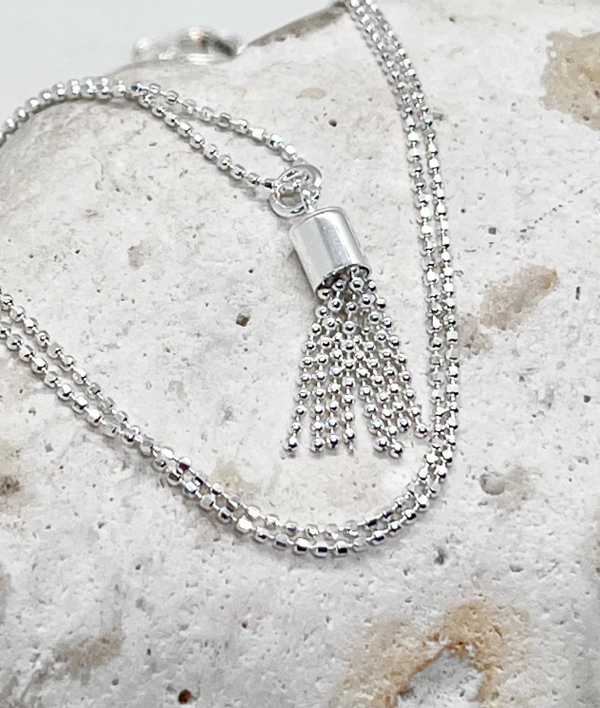 925 'Tassel Love' Tassel Heart Charm Necklace - Sterling Silver Diamond Cut Ball Chain