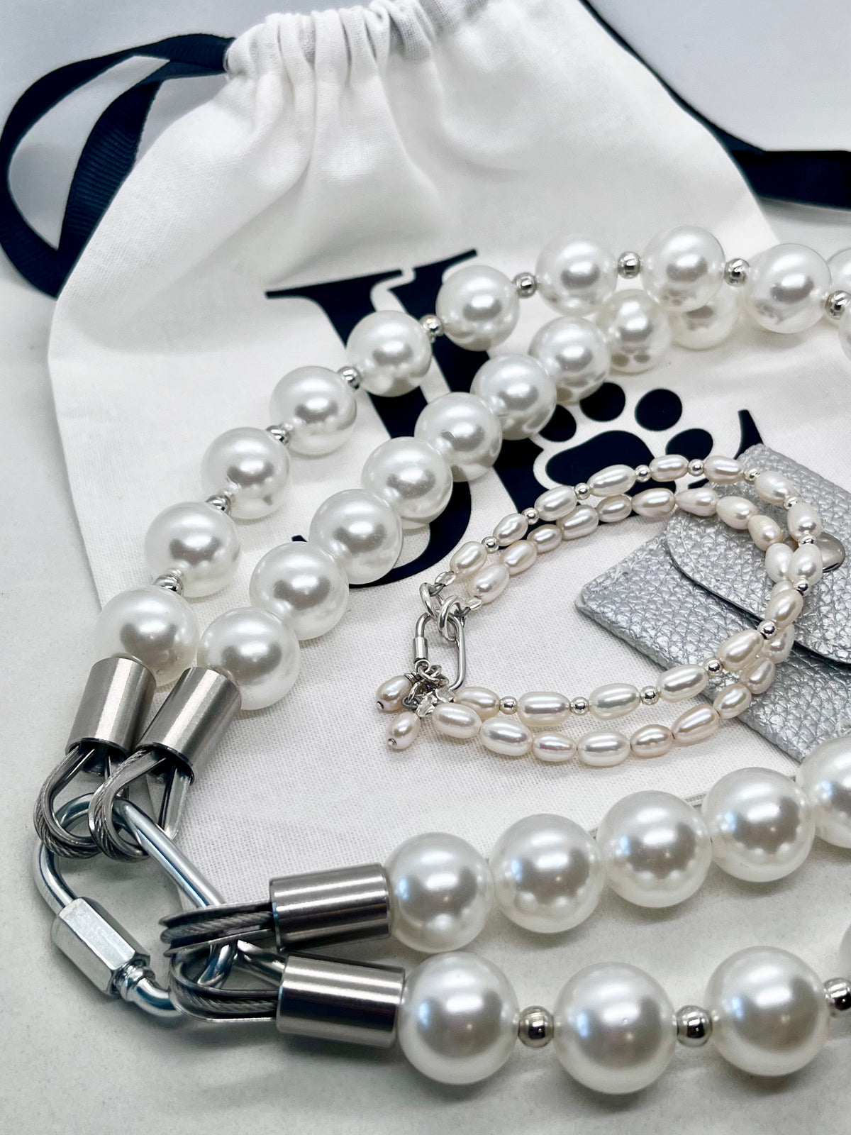 925 ‘Pearl Bond’ Double-Layer Freshwater Pearl & Bead Bracelet with Hallmarked Industrial Chic Carabiner Clasp
