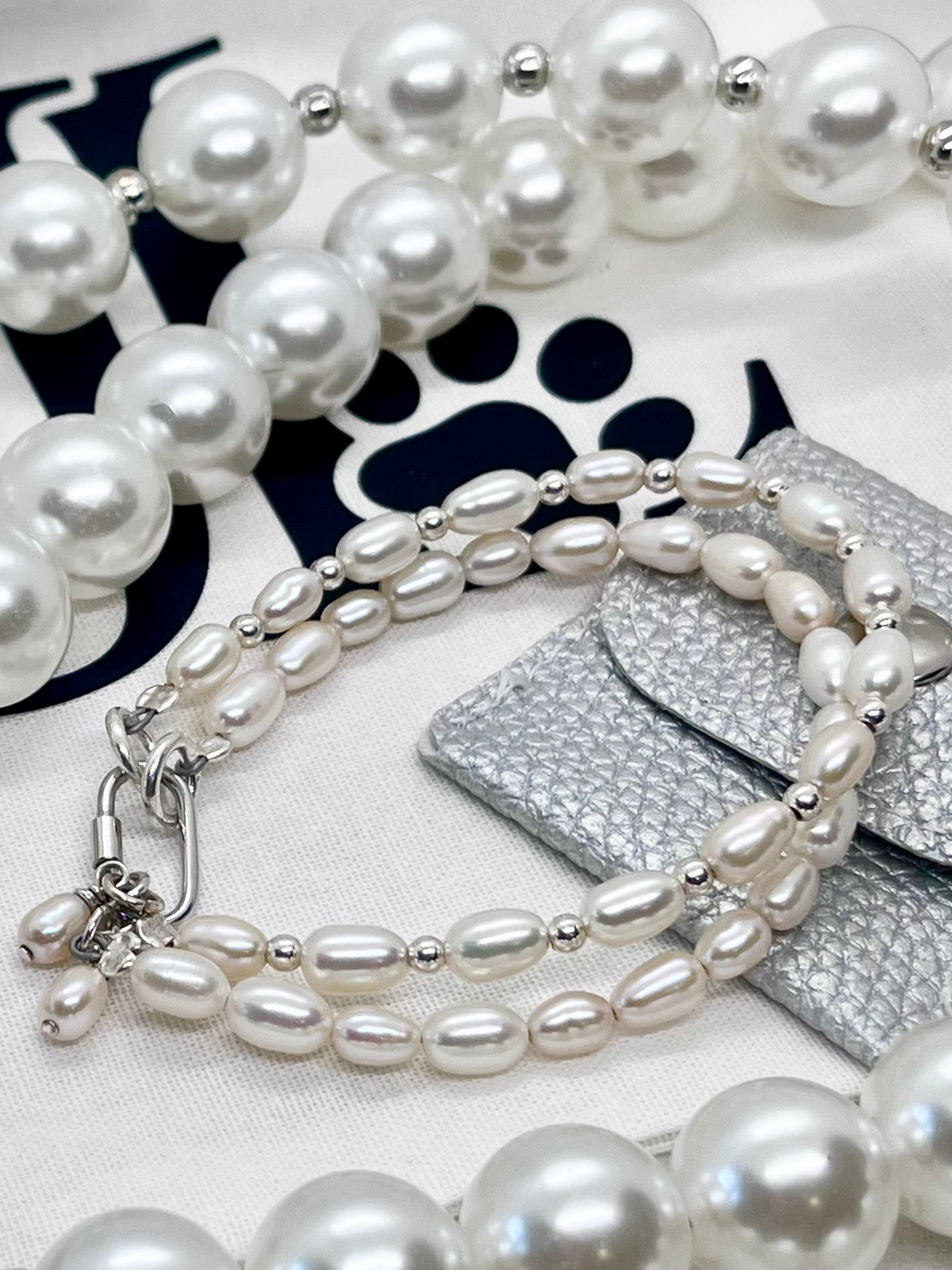 925 ‘Pearl Bond’ Double-Layer Freshwater Pearl & Bead Bracelet with Hallmarked Industrial Chic Carabiner Clasp