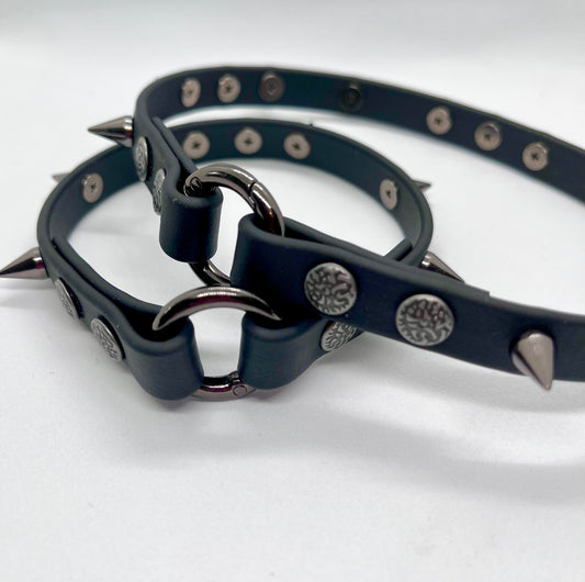 'Little Chaos' black studded biothane collar studded gunmetal cone spikes