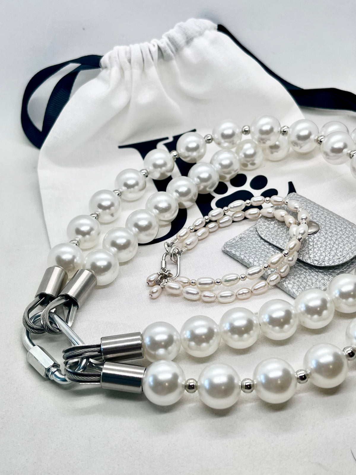 925 ‘Pearl Bond’ Double-Layer Freshwater Pearl & Bead Bracelet with Hallmarked Industrial Chic Carabiner Clasp