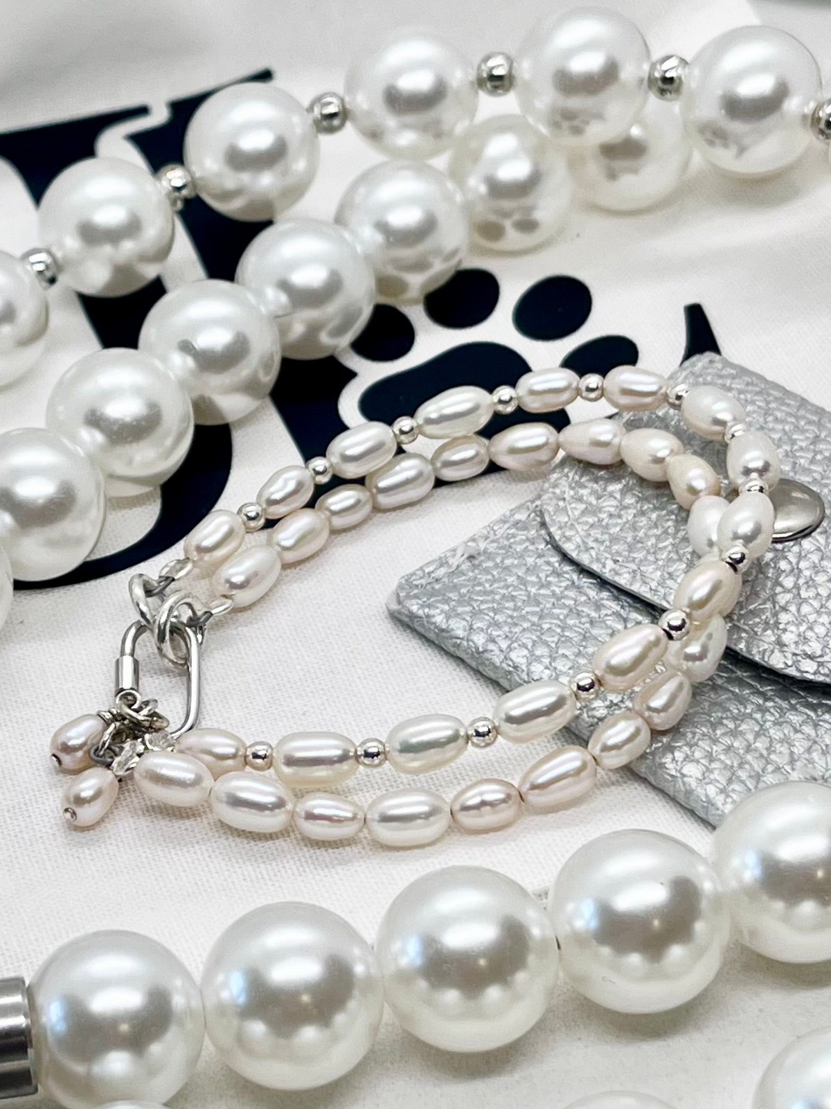925 ‘Pearl Bond’ Double-Layer Freshwater Pearl & Bead Bracelet with Hallmarked Industrial Chic Carabiner Clasp
