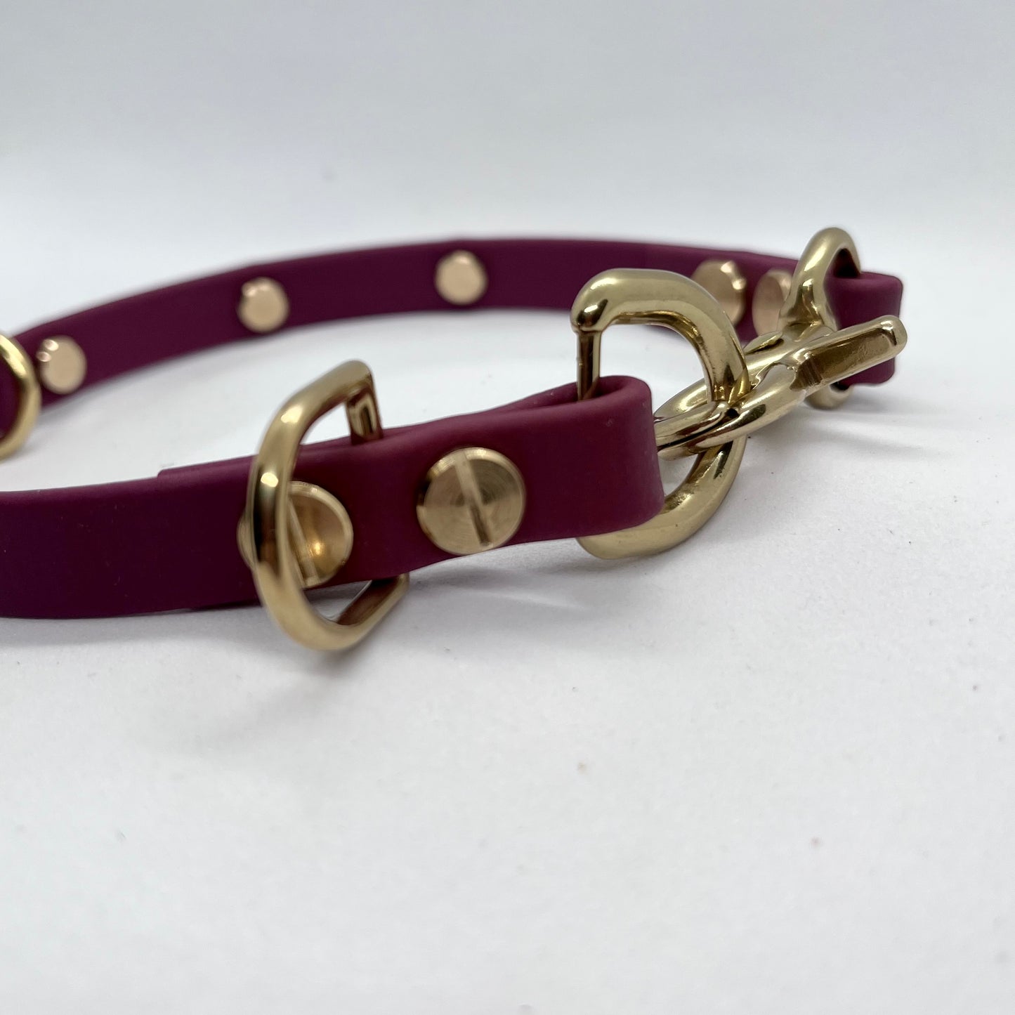 ‘Coffee Bean’ WINE RED BioThane® 13mm collar, lead & accessories solid brass hardware
