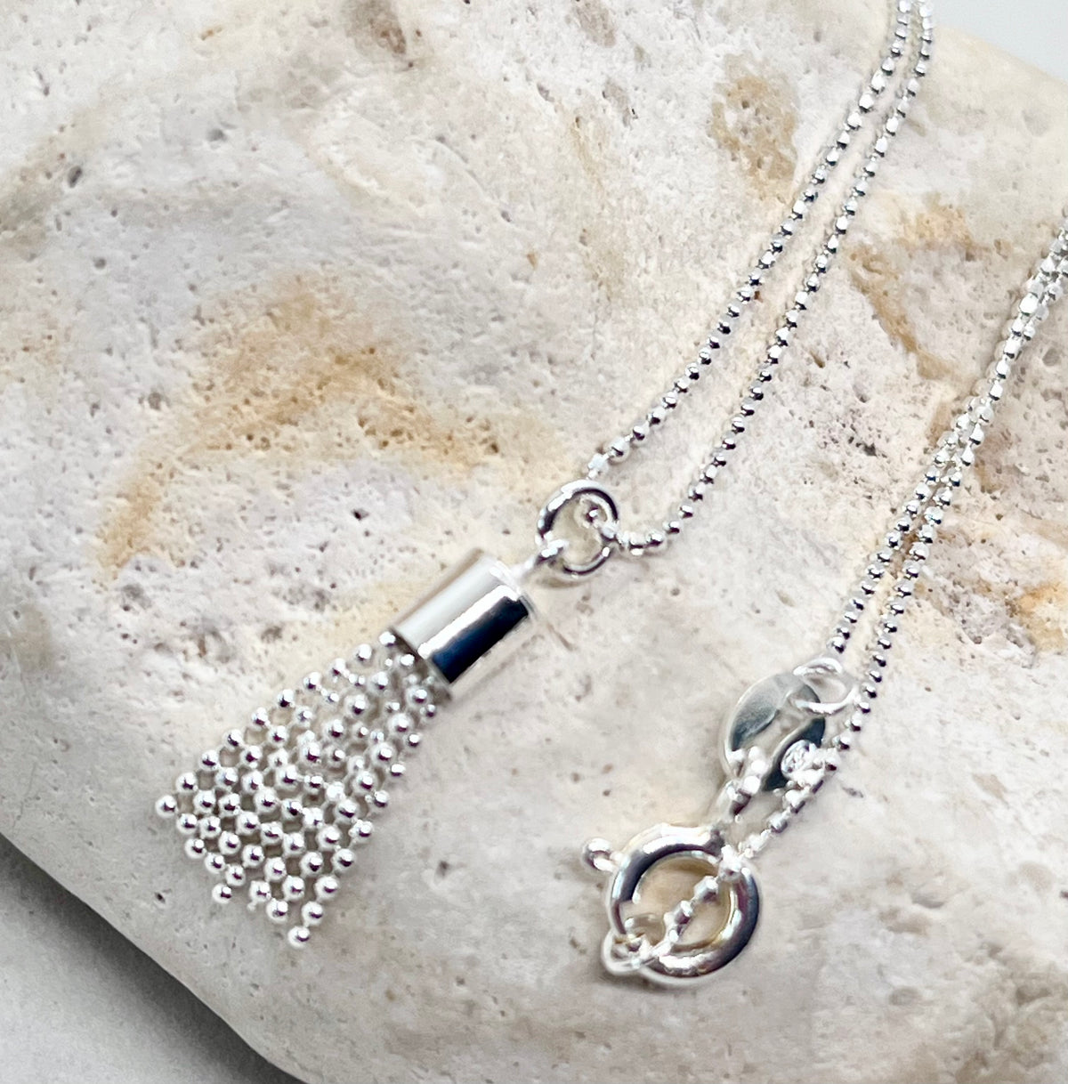 925 'Tassel Love' Tassel Heart Charm Necklace - Sterling Silver Diamond Cut Ball Chain