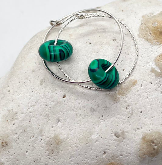 925 sterling silver Malachite doughnut sparkle or plain fine wire ear hoop earrings