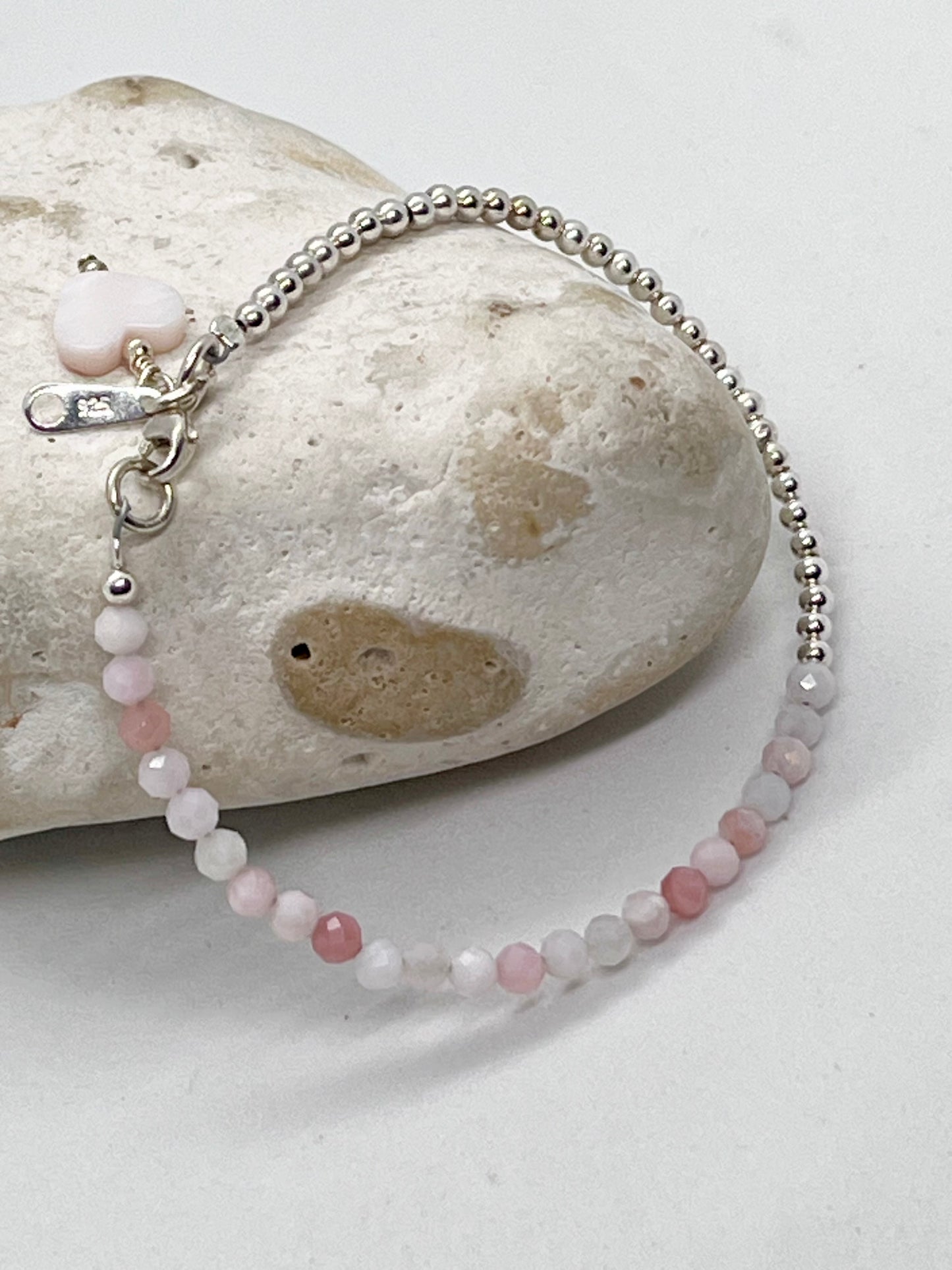 925 sterling silver 'Pink Opal 50-50’ boho style bead bracelet