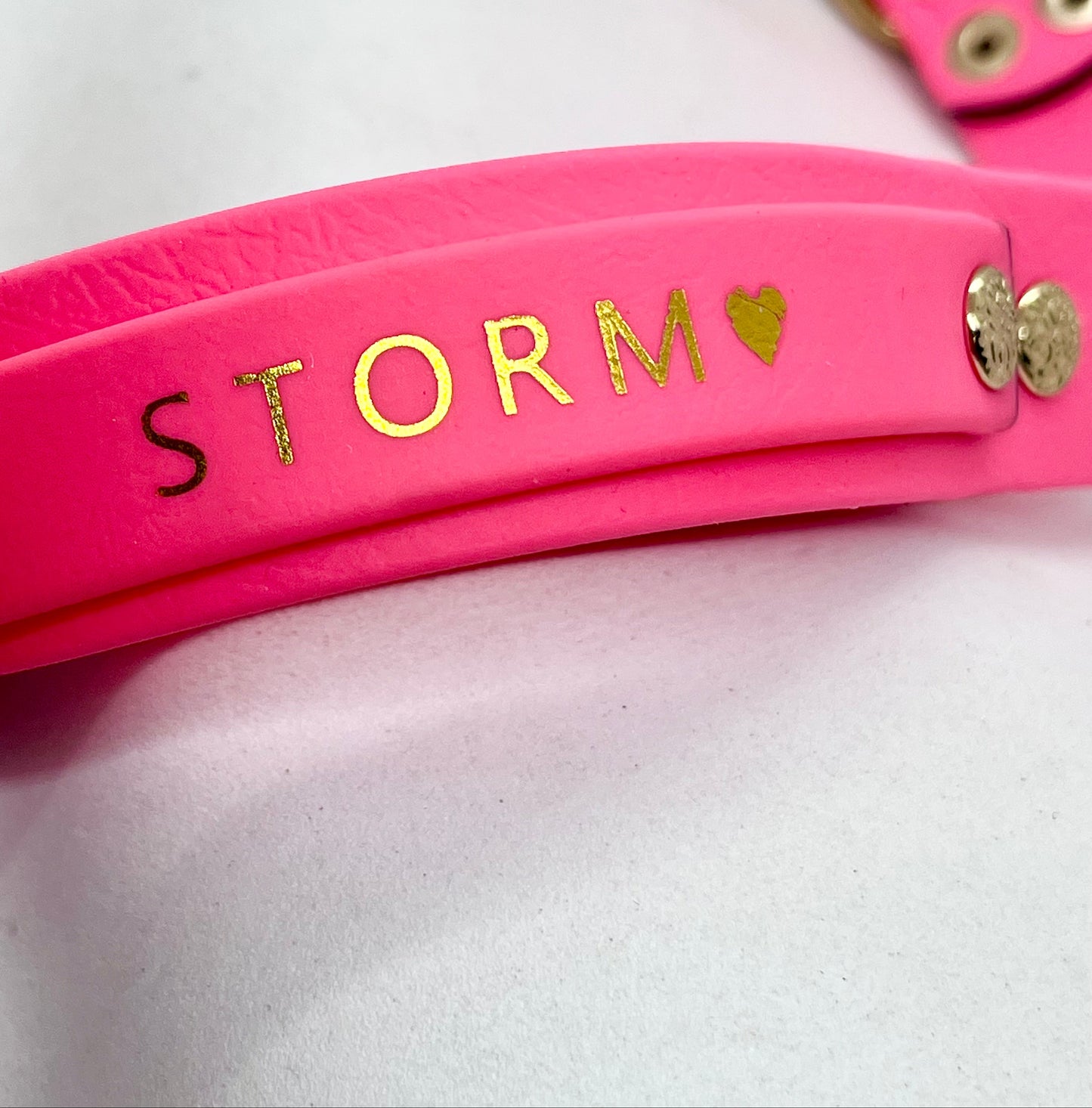 A close-up of a bright pink foil embossed personalised pet collar with gold lettering spelling 'STORM' and a gold heart, plus gold-tone metal textured rivets and brass hardware.  JOOLS LONDON