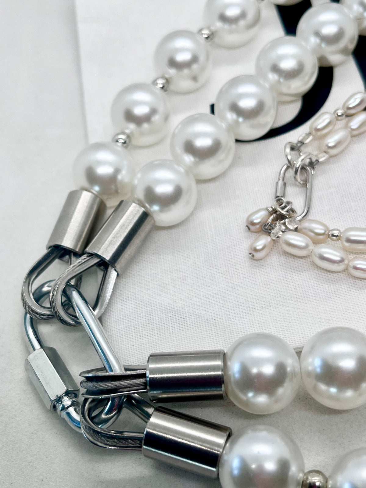 925 ‘Pearl Bond’ Double-Layer Freshwater Pearl & Bead Bracelet with Hallmarked Industrial Chic Carabiner Clasp