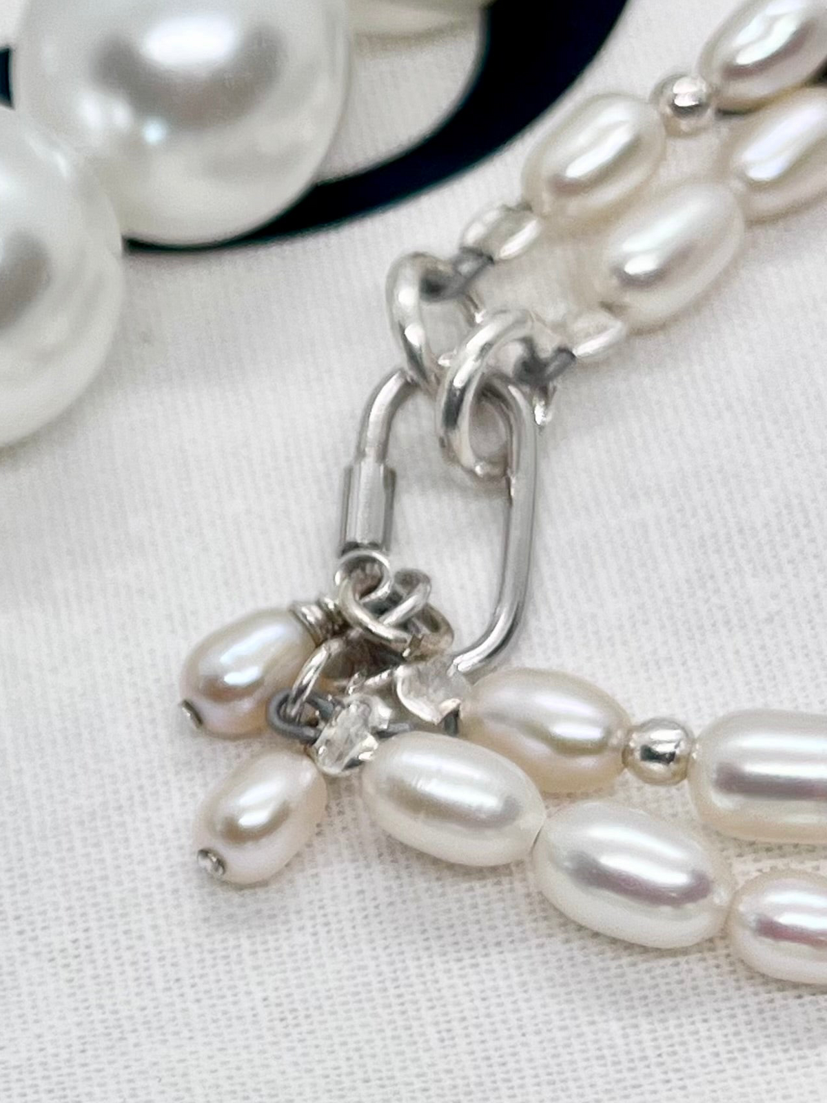 925 ‘Pearl Bond’ Double-Layer Freshwater Pearl & Bead Bracelet with Hallmarked Industrial Chic Carabiner Clasp
