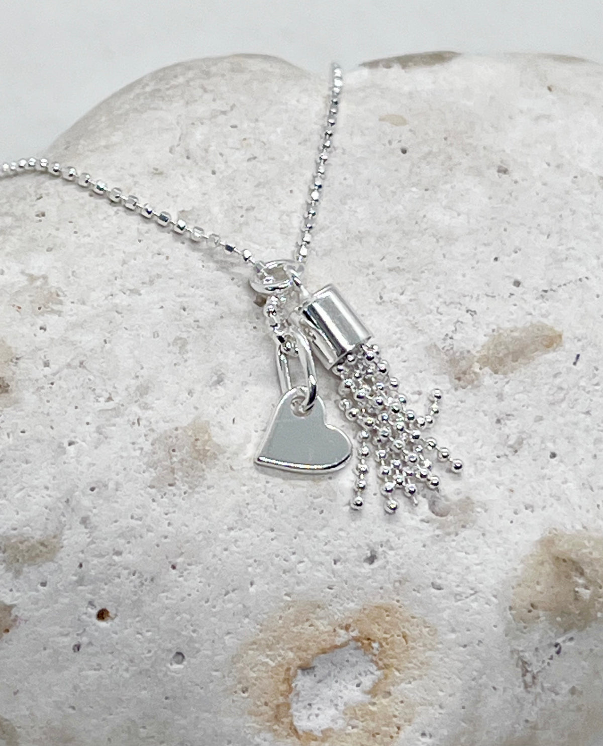 925 'Tassel Love' Tassel Heart Charm Necklace - Sterling Silver Diamond Cut Ball Chain