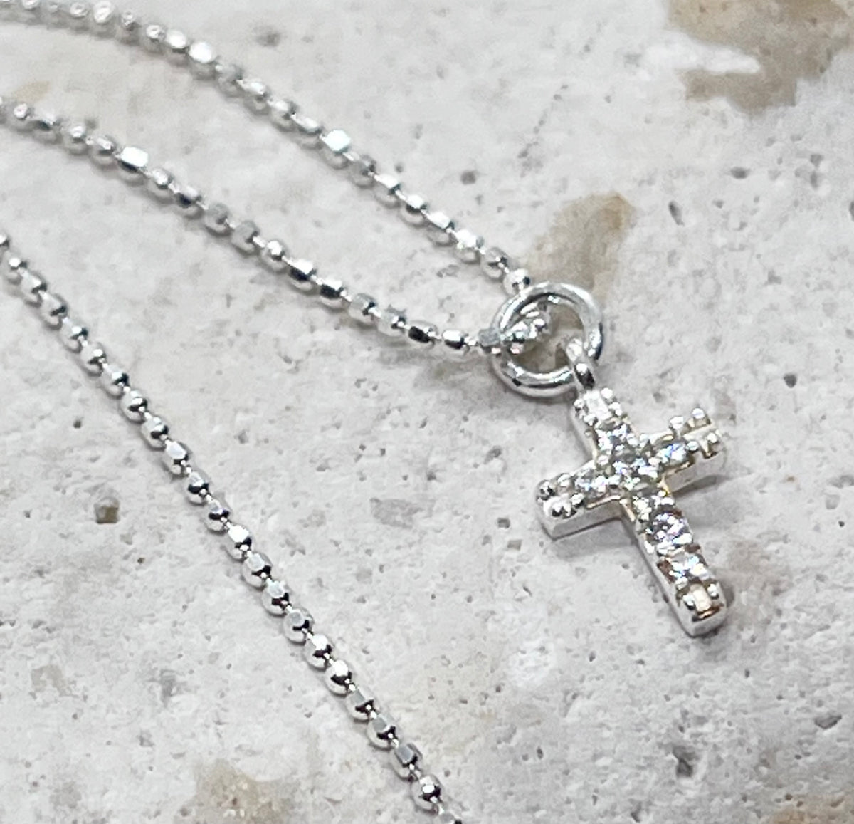 925 'Diamanté Cross' Charm Necklace - Sterling Silver Diamond Cut Ball Chain