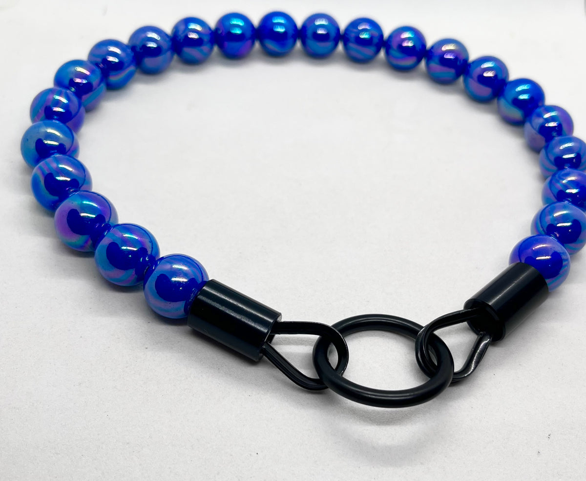 Iridescent Blue 'Top Dog' Beaded Collar with Matte Black Stainless Steel Hardware