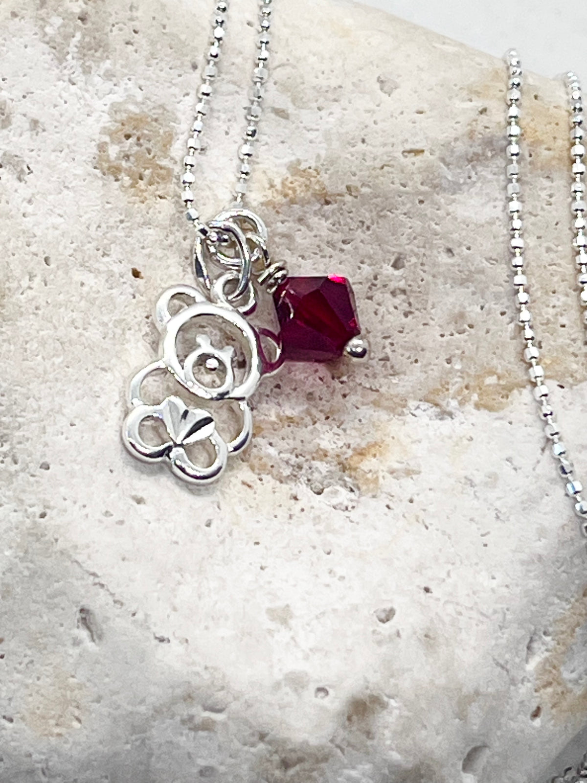 925 'Teddy Birthstone' Charm Necklace - Sterling Silver Diamond Cut Ball Chain & Heart Charm