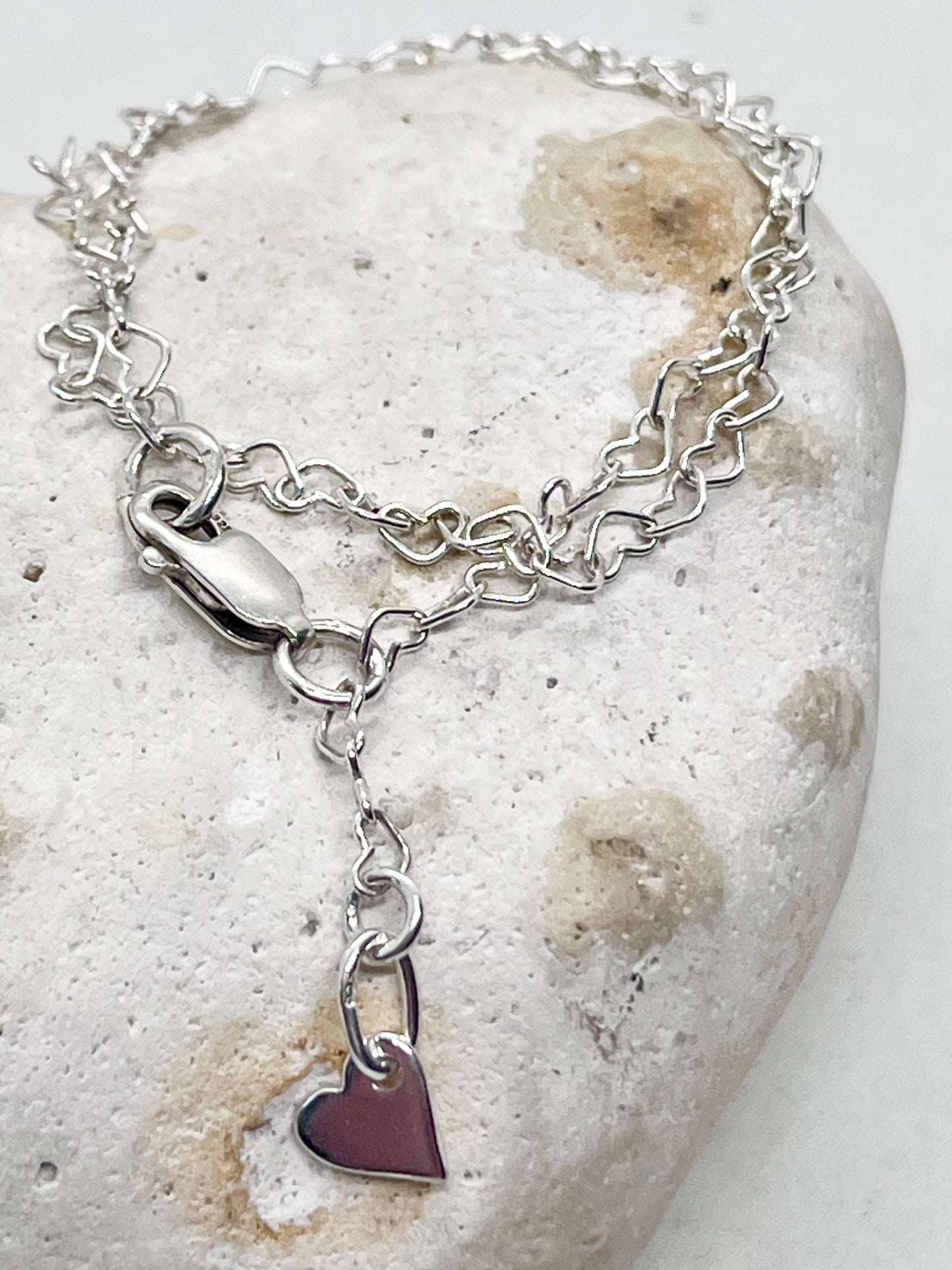 'Heart Links' Heart Chain Anklet & Heart Charm 925 Sterling Silver