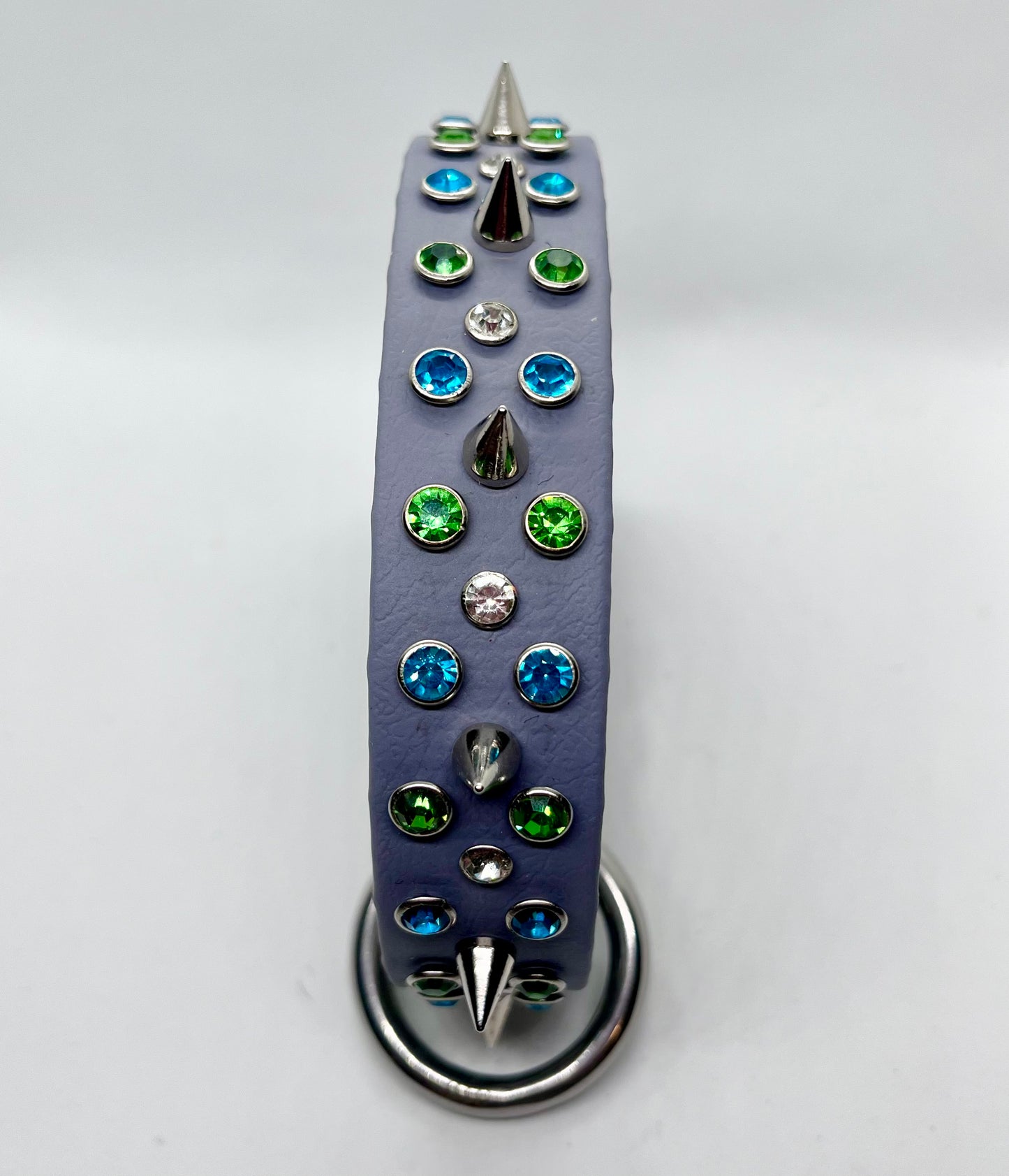 ‘Rhinestone Rebel’ turquoise green & white rhinestone crystal sparkly spiked studded dog D-ring BioThane® collar with stainless steel hardware