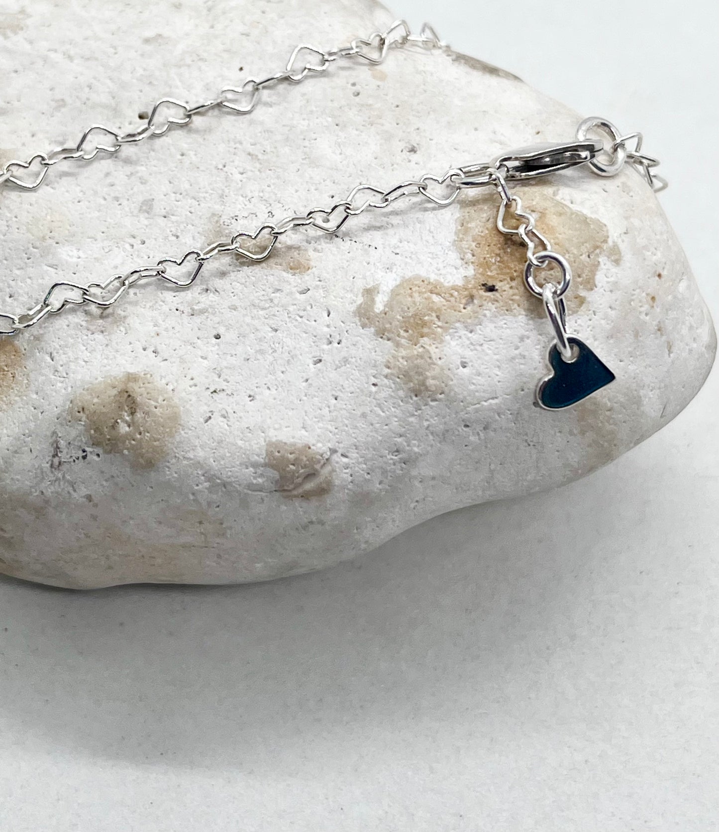 'Heart Links' Heart Chain Anklet & Heart Charm 925 Sterling Silver