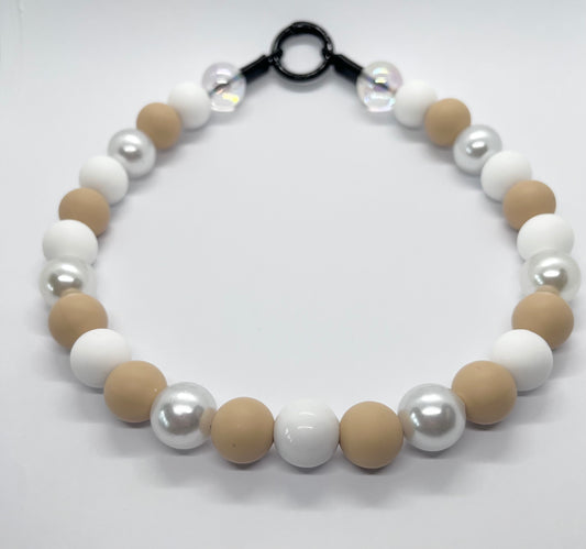 Beige & white crystal & pearl beaded dog collar necklace