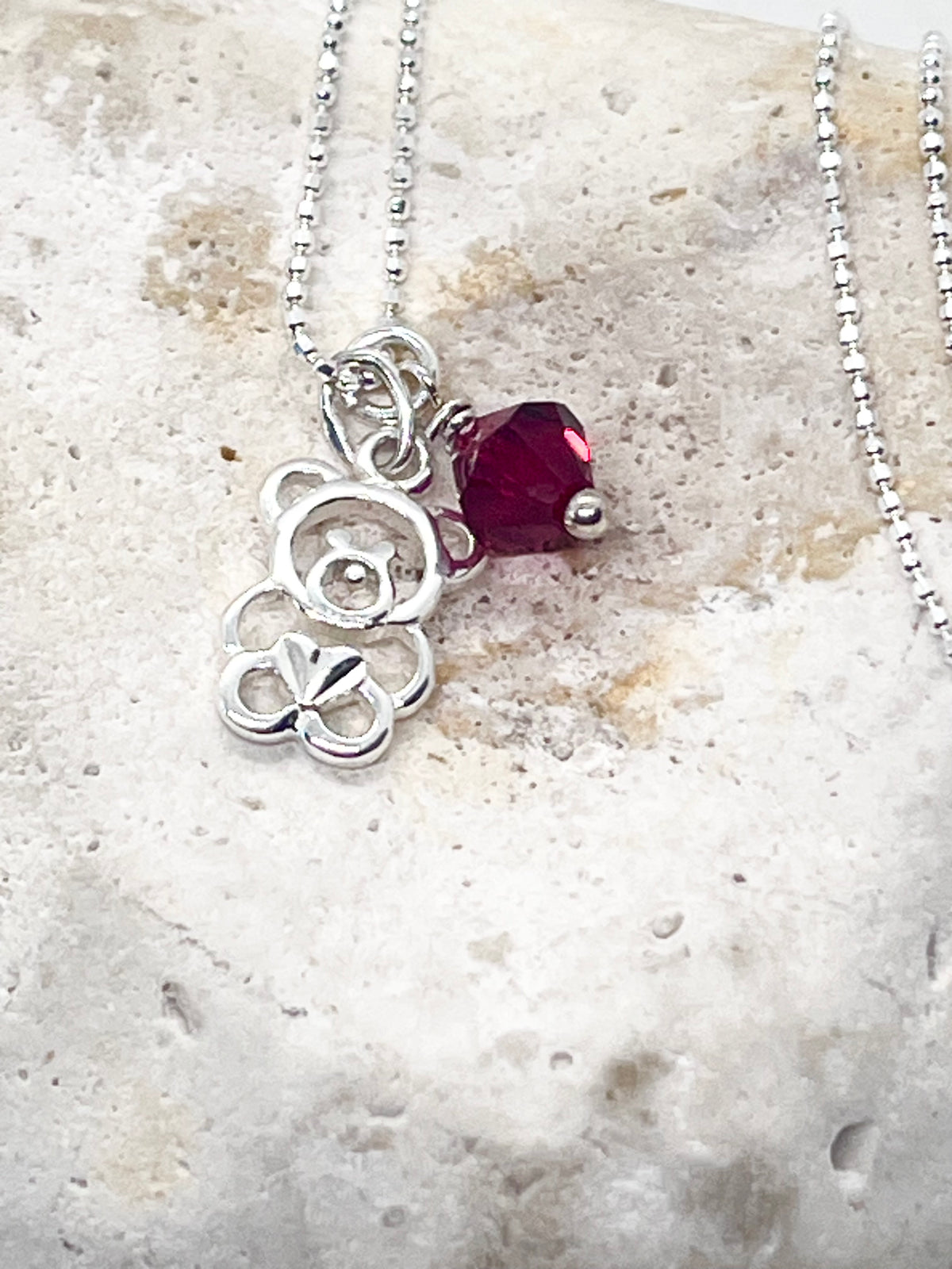 925 'Teddy Birthstone' Charm Necklace - Sterling Silver Diamond Cut Ball Chain & Heart Charm