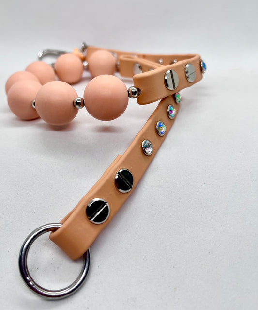 'Peachy Luxe' Peach Bead & BioThane® Collar with Iridescent Diamé Studs | Dog Necklace | JOOLS LONDON
