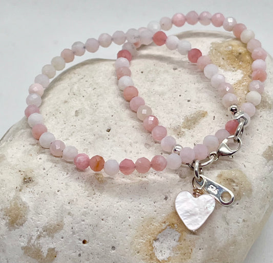 925 sterling silver 'Pretty Pink’ genuine faceted Pink Opal bead anklet