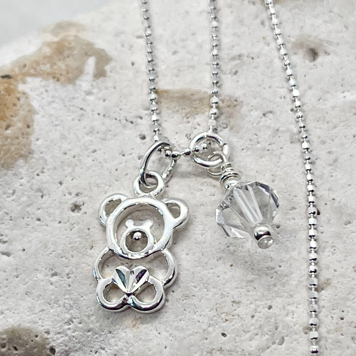 925 'Teddy Birthstone' Charm Necklace - Sterling Silver Diamond Cut Ball Chain & Heart Charm