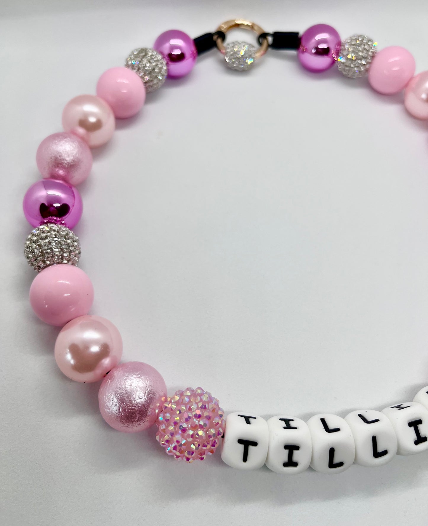 ‘Diamond Force’ pink foil, pearl & diamanté sparkle iridescent personalised beaded bead dog collar pet necklace