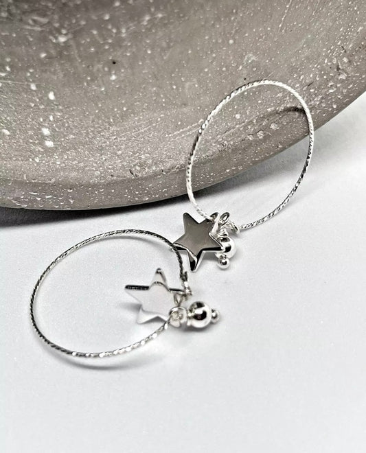 925 sterling silver large diamond cut ‘Star Sparkle’ hoop earrings