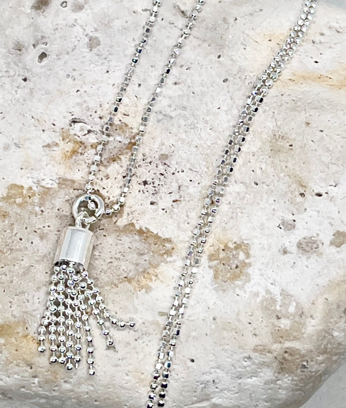 925 'Tassel Love' Tassel Heart Charm Necklace - Sterling Silver Diamond Cut Ball Chain