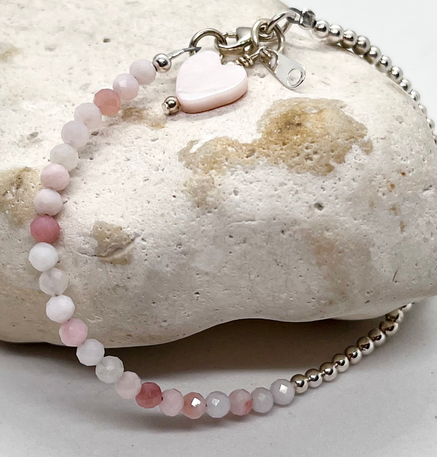 925 sterling silver 'Pink Opal 50-50’ boho style bead bracelet