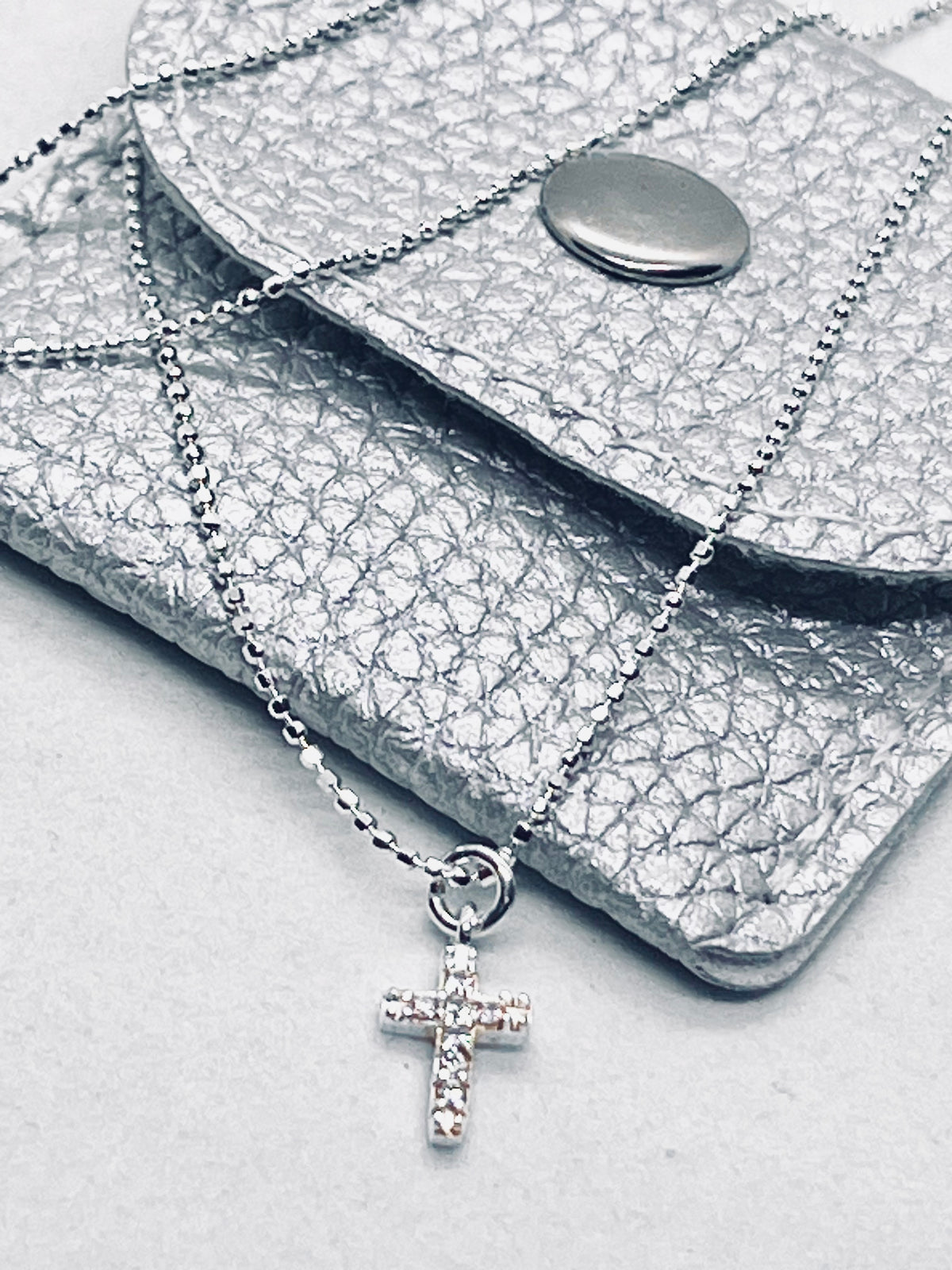 925 'Diamanté Cross' Charm Necklace - Sterling Silver Diamond Cut Ball Chain