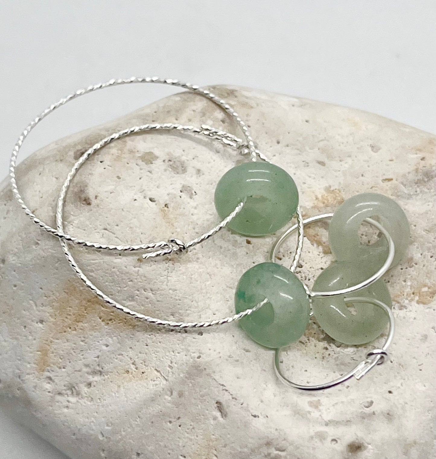 'Aventurine Energy' 925 Sterling Silver Green Aventurine Donut Sparkle or Plain Fine Wire Ear Hoop Earrings
