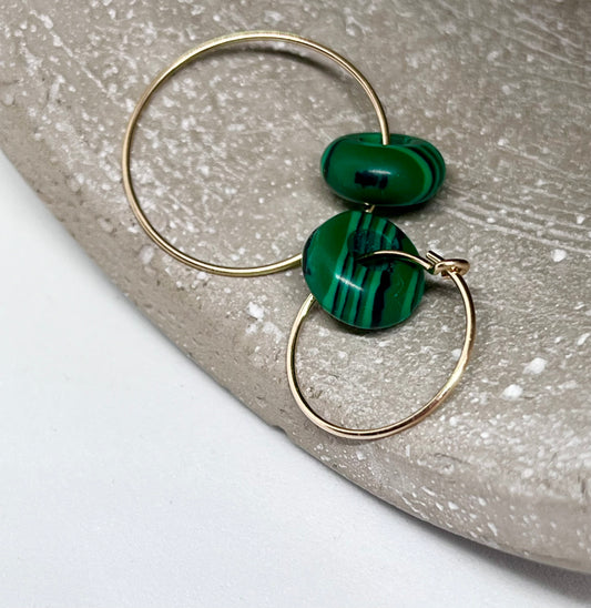 'Malachite Zen' 14k Gold Malachite Donut Plain Fine Wire Ear Hoop Earrings