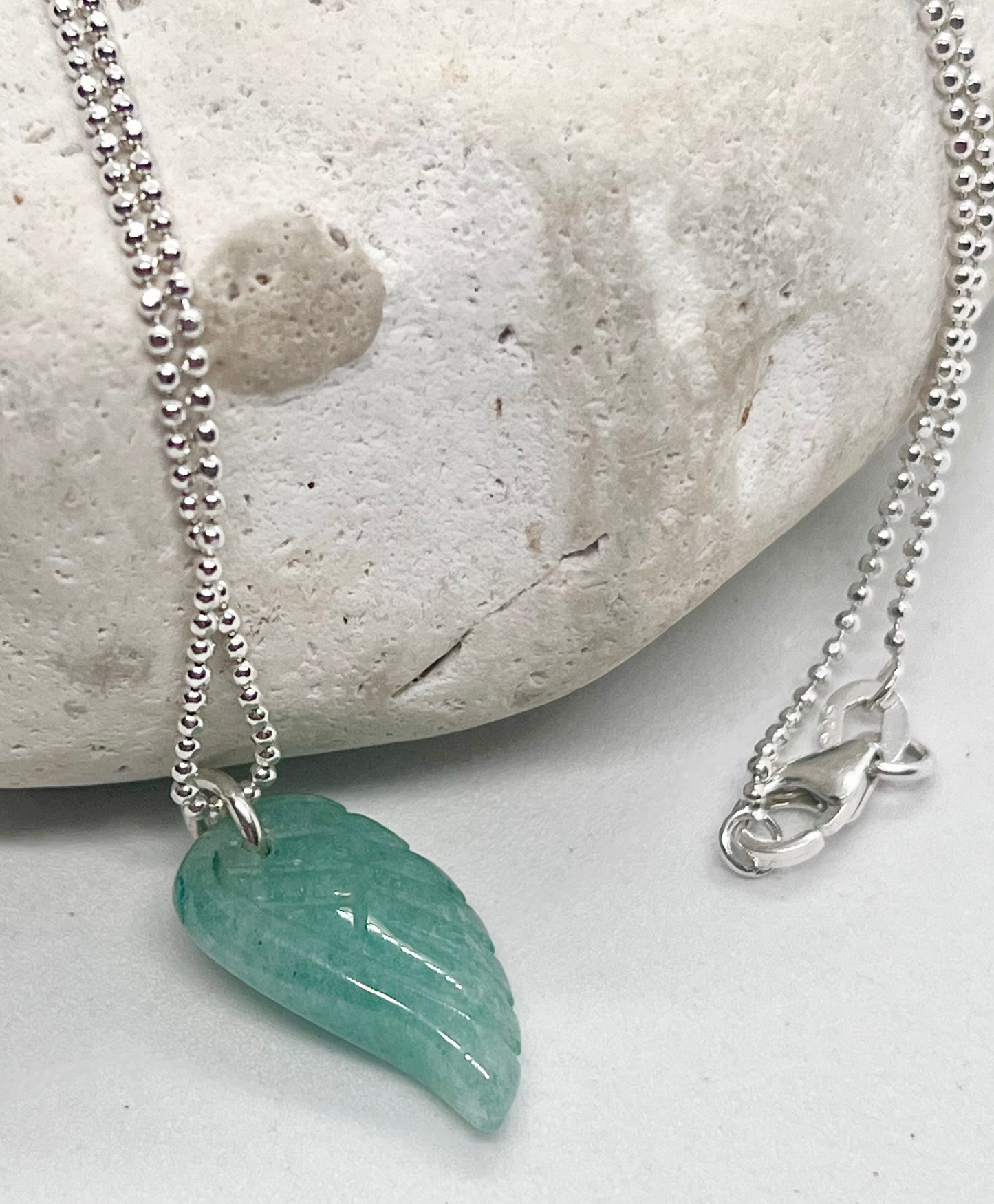 'Aventurine Glow' Green Aventurine Carved Angel Wing Necklace - 925 Sterling Silver Diamond Cut Ball Chain