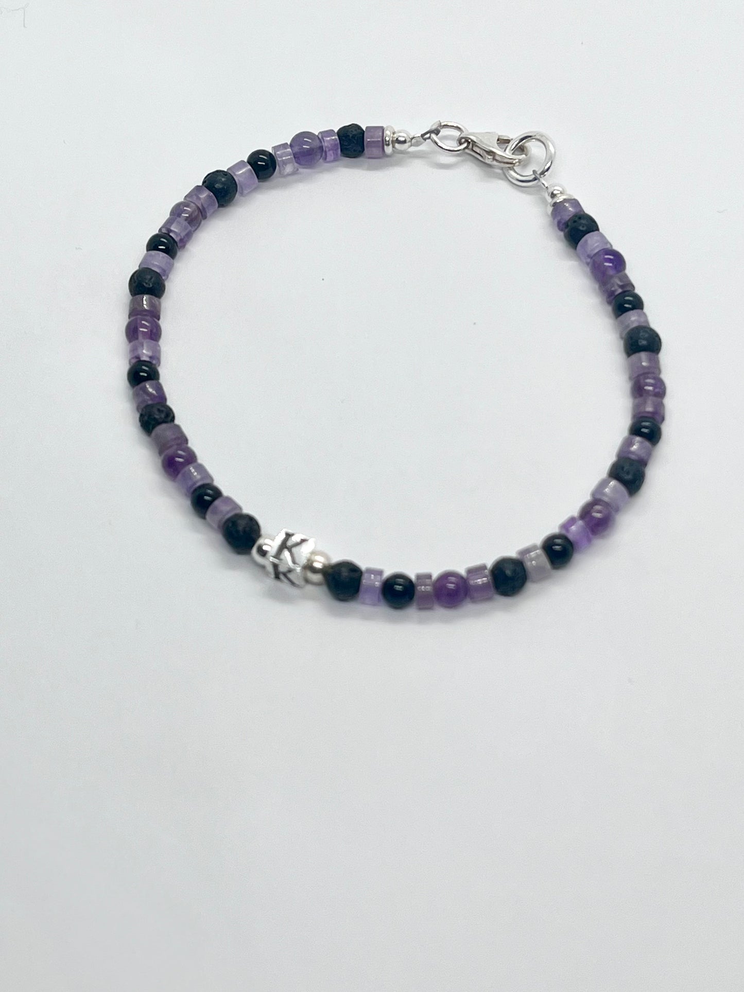 'Amethyst Cube Charm’ unisex genuine Amethyst, Black Onyx, Lava bead & 925 sterling silver personalised cube letter bracelet
