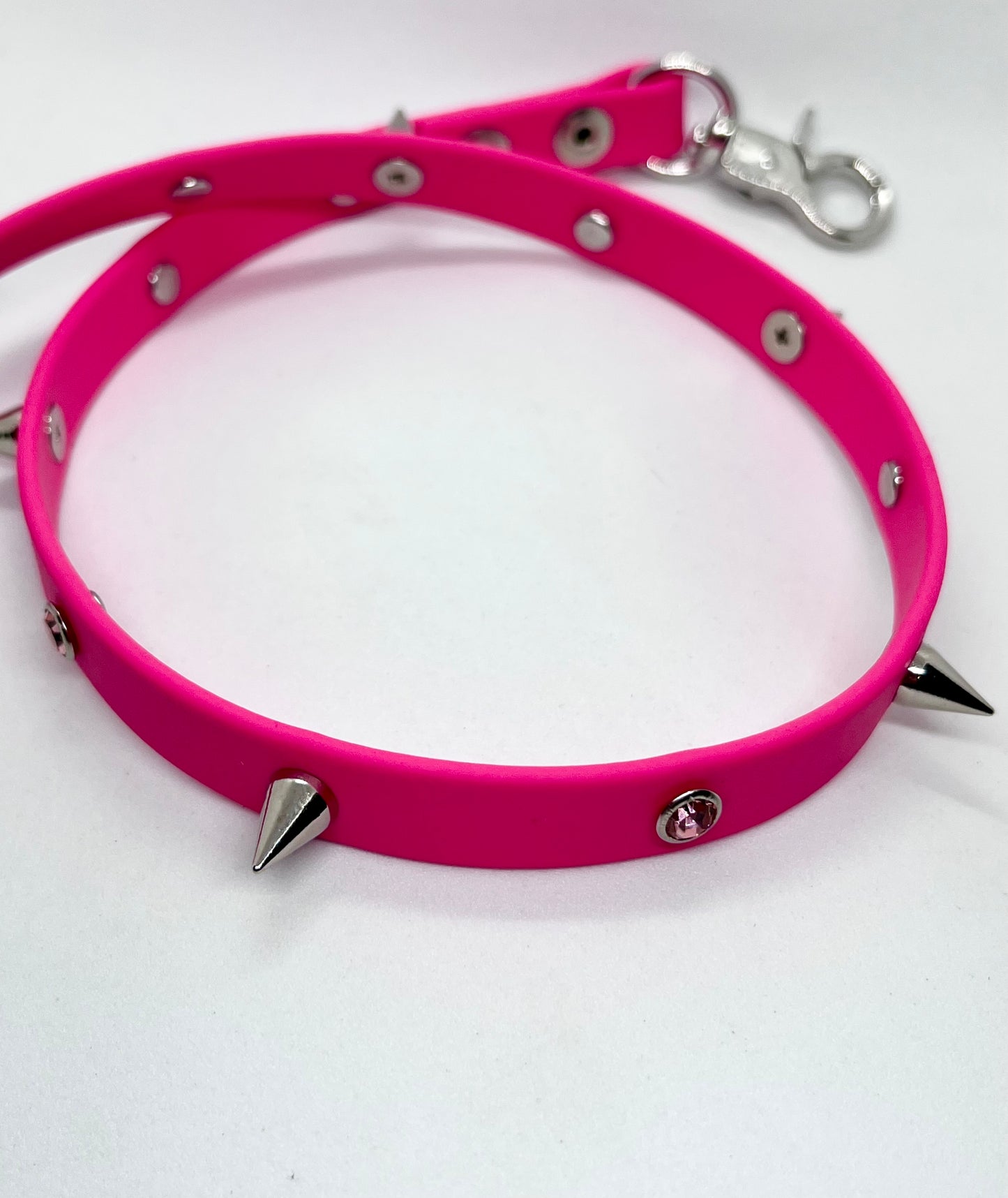 'Diamanté Drama' Bright Pink BioThane® Diamanté & Spiked Studded Collar