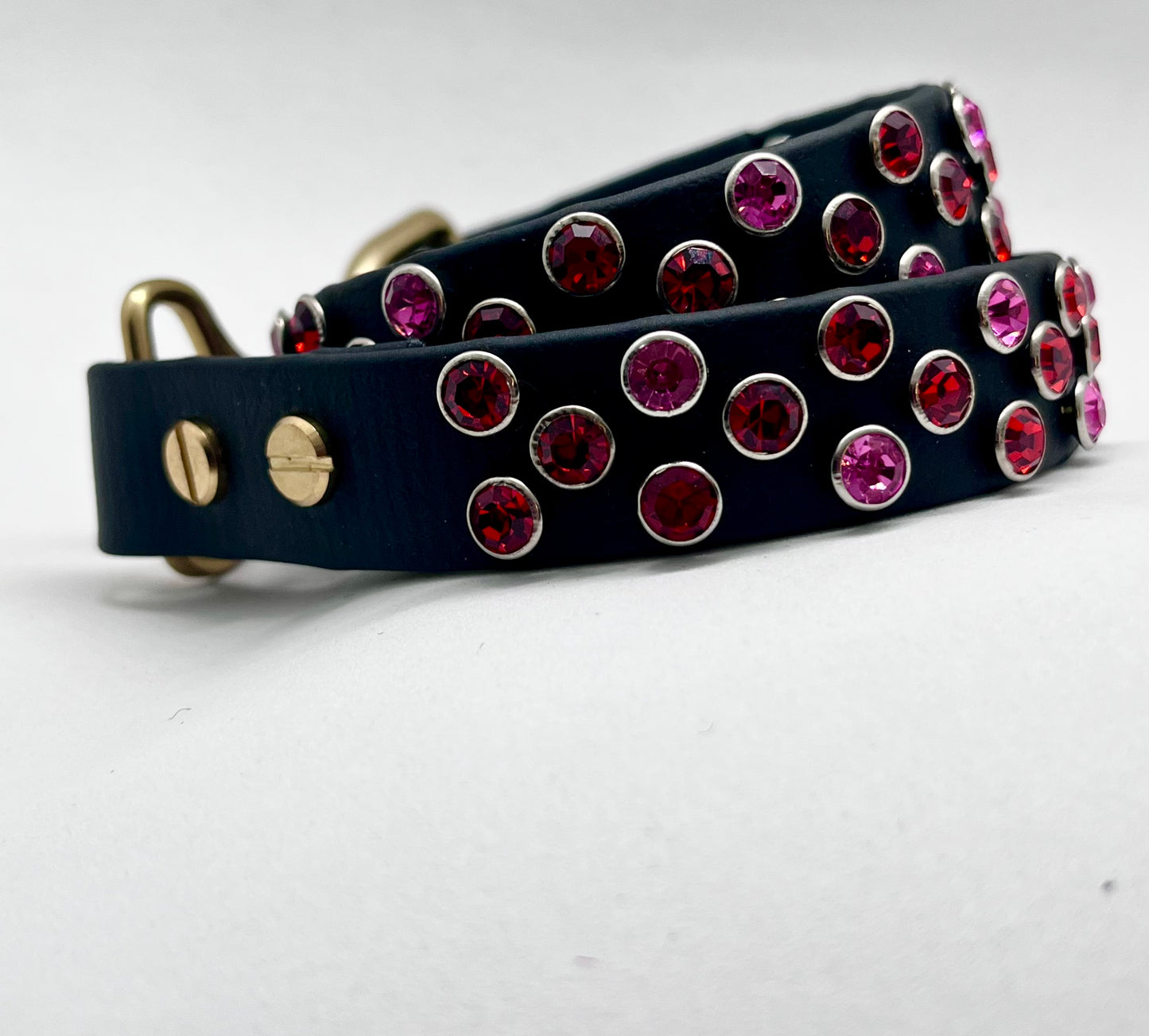 Diamanté Storm Black BioThane Dog Collar - Red & Pink Diamanté with Solid Brass