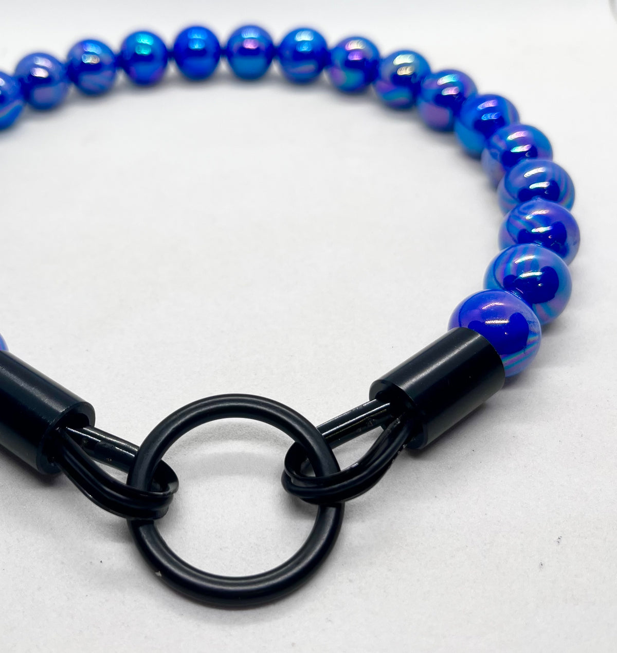 Iridescent Blue 'Top Dog' Beaded Collar with Matte Black Stainless Steel Hardware