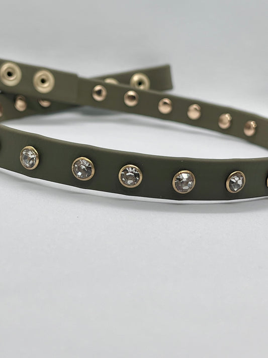 'Still Looking' diamante clear rhinestone crystal biothane studded collar