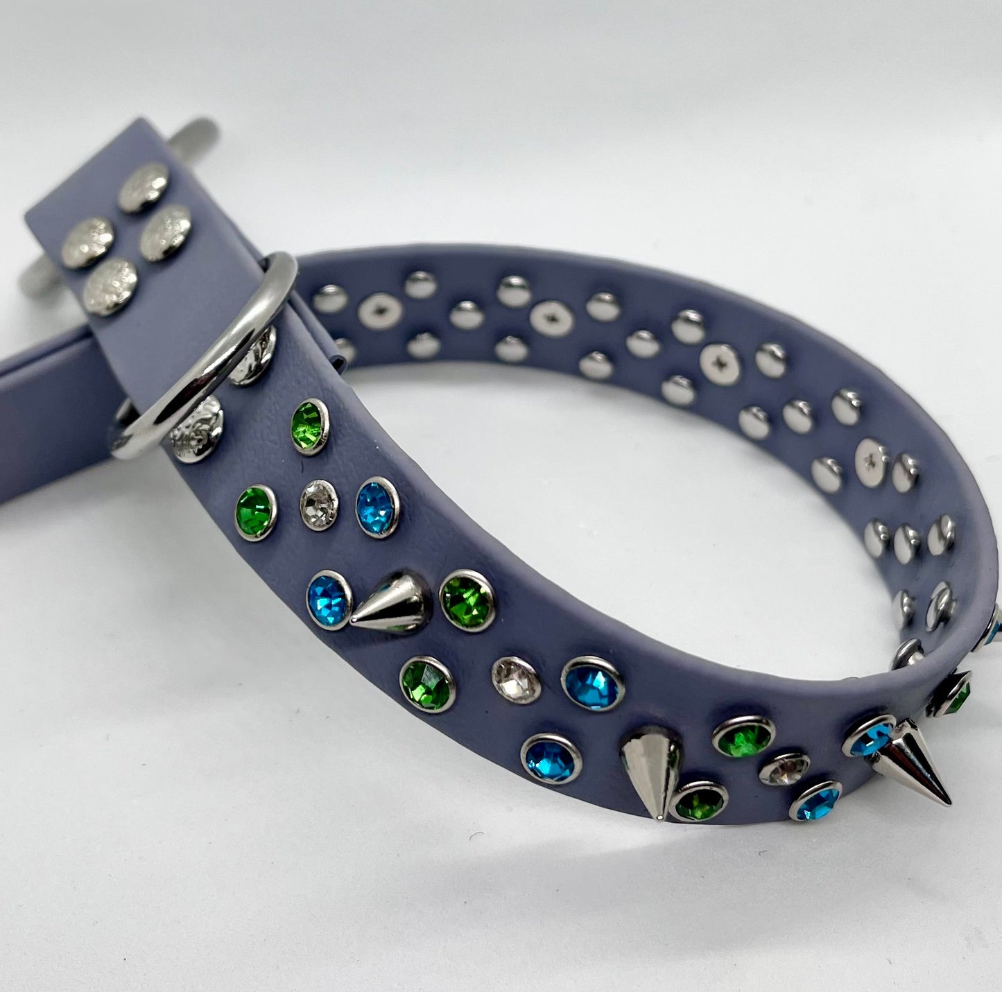 ‘Rhinestone Rebel’ turquoise green & white rhinestone crystal sparkly spiked studded dog D-ring BioThane® collar with stainless steel hardware