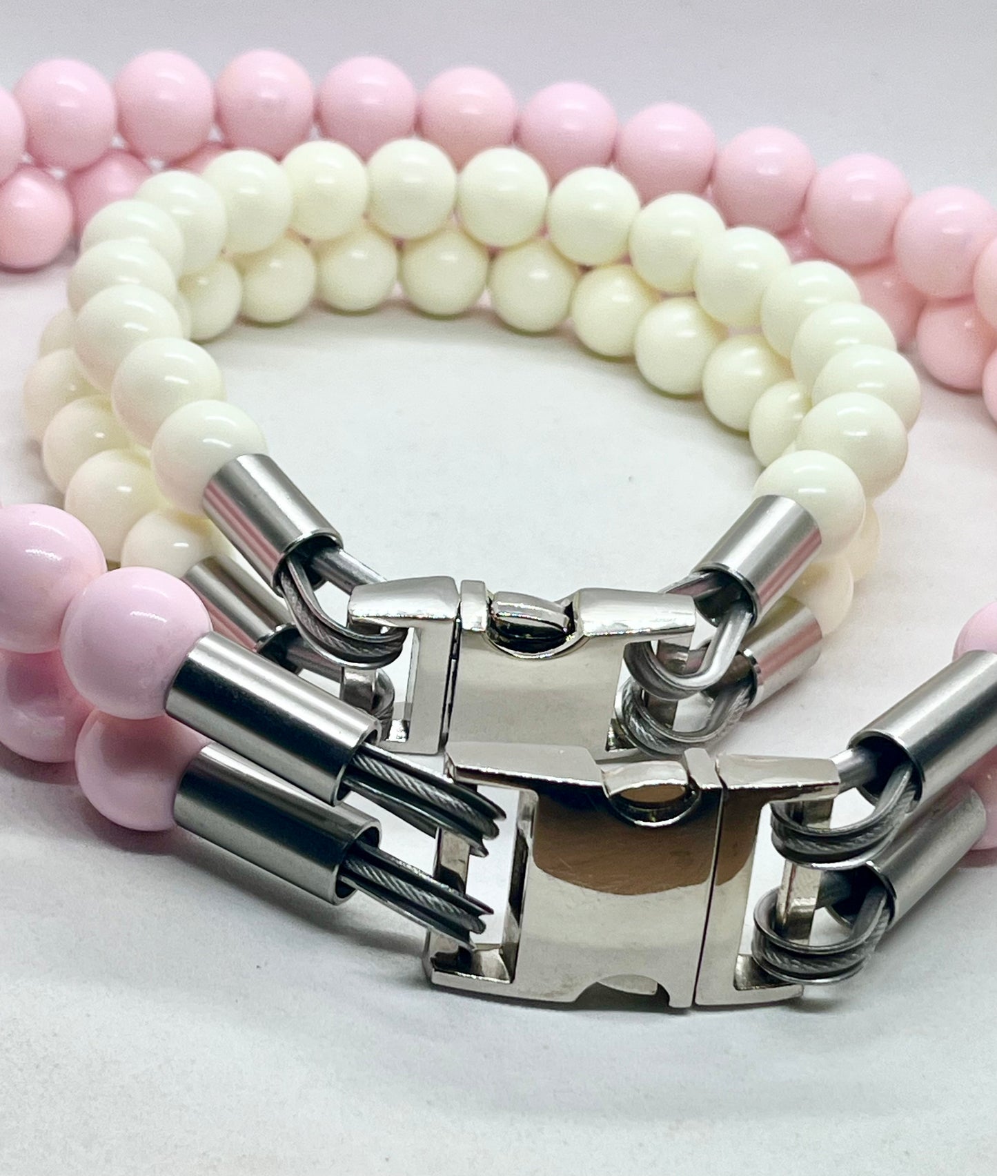 'Glow Up' Double White Beaded Stainless Steel Dog Collar20mm
